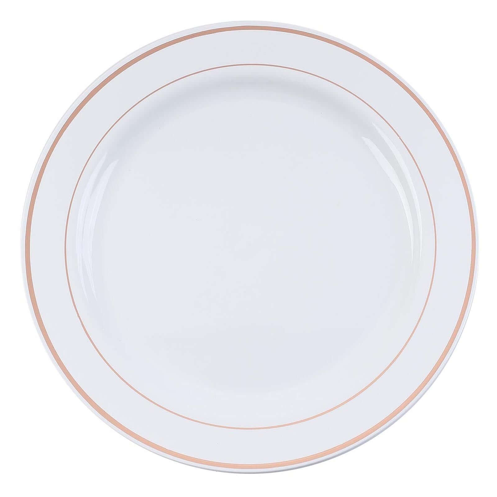 10-Piece Set of White Disposable Plastic Dessert Plates with Stylish Rose Gold Rim, 8 Inches
