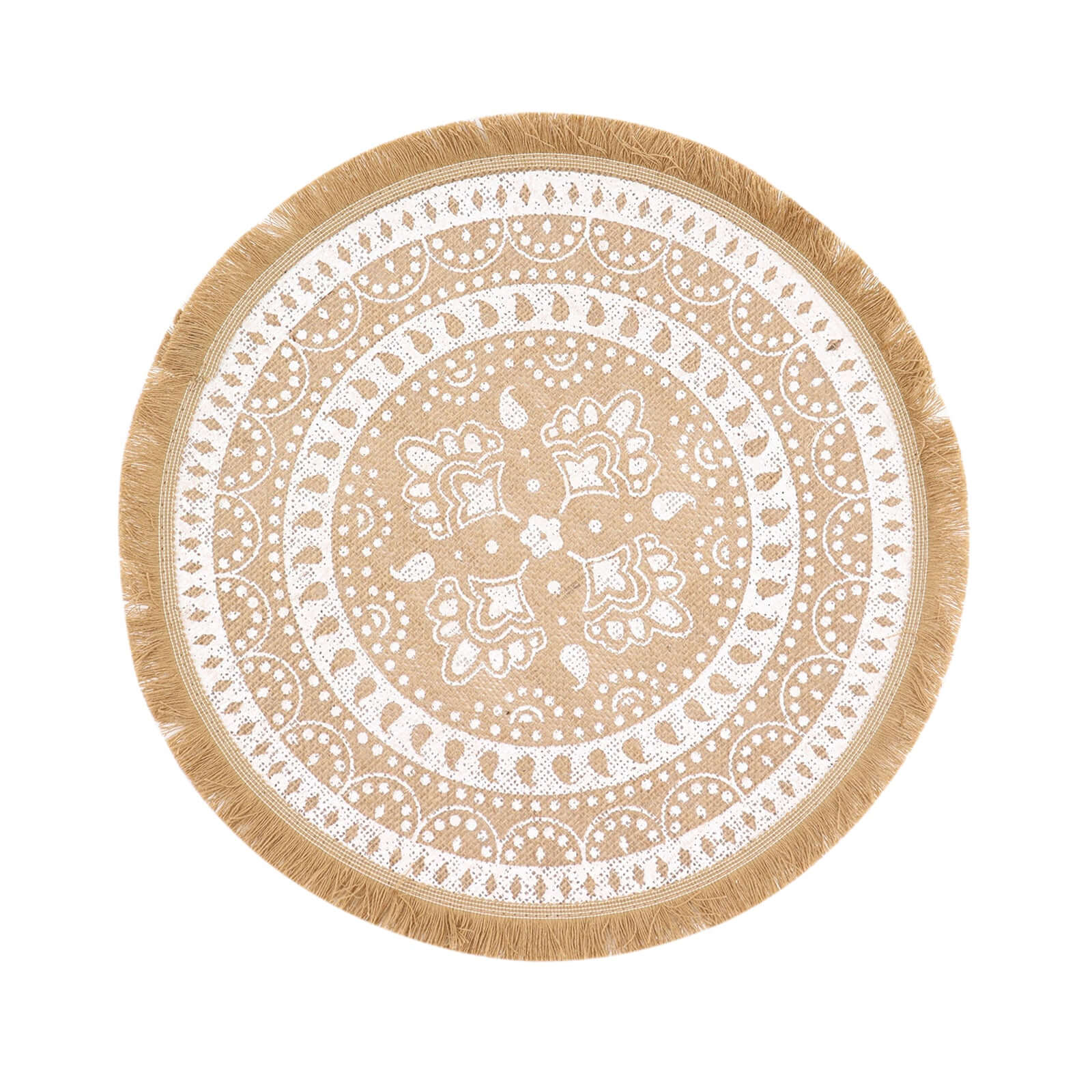4-Pack Natural Jute and White Round Placemats with Fringe Print - Rustic Style, 15"