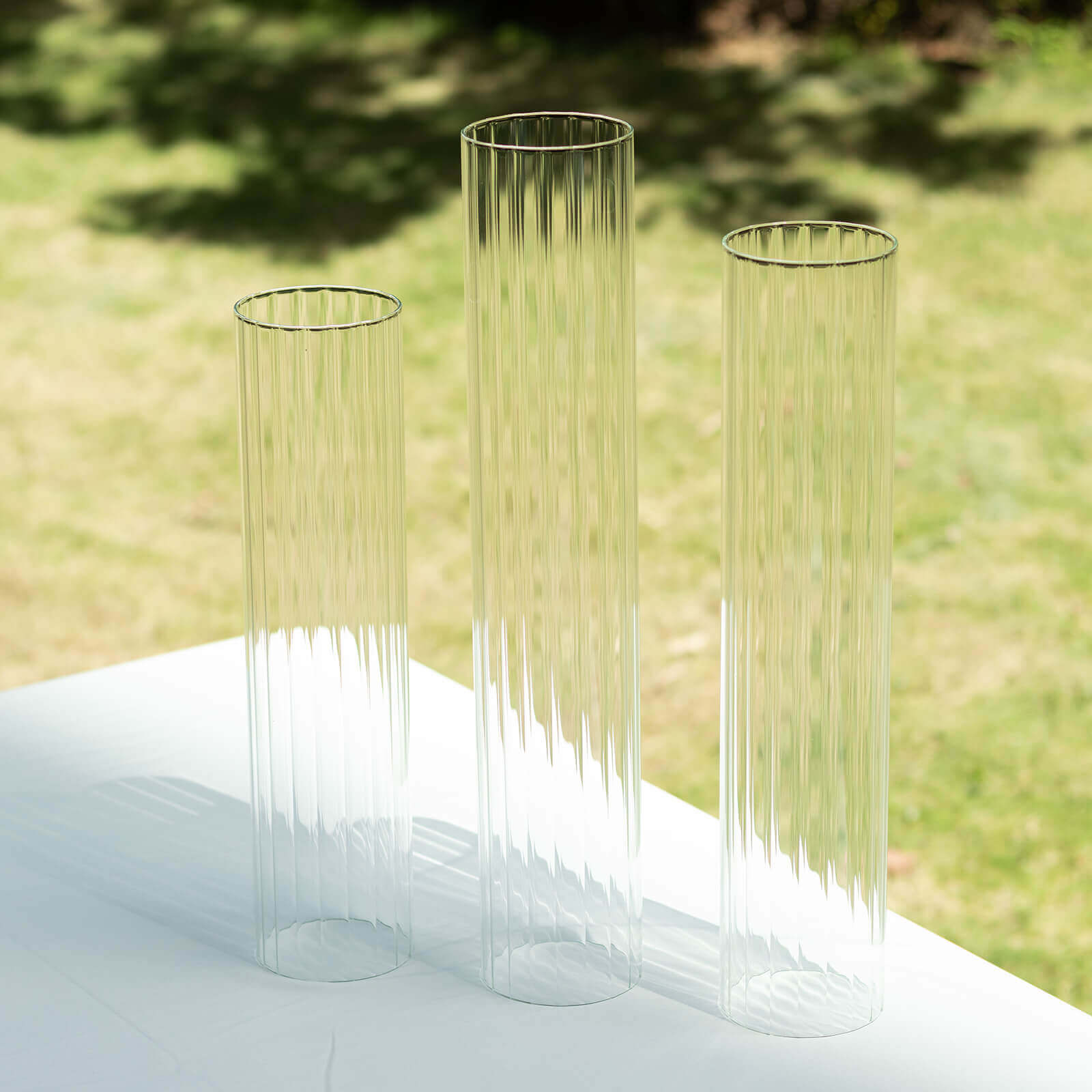 Stylish Set of 3 Clear Ribbed Glass Hurricane Shades for Candles - 15', 17', 19'
