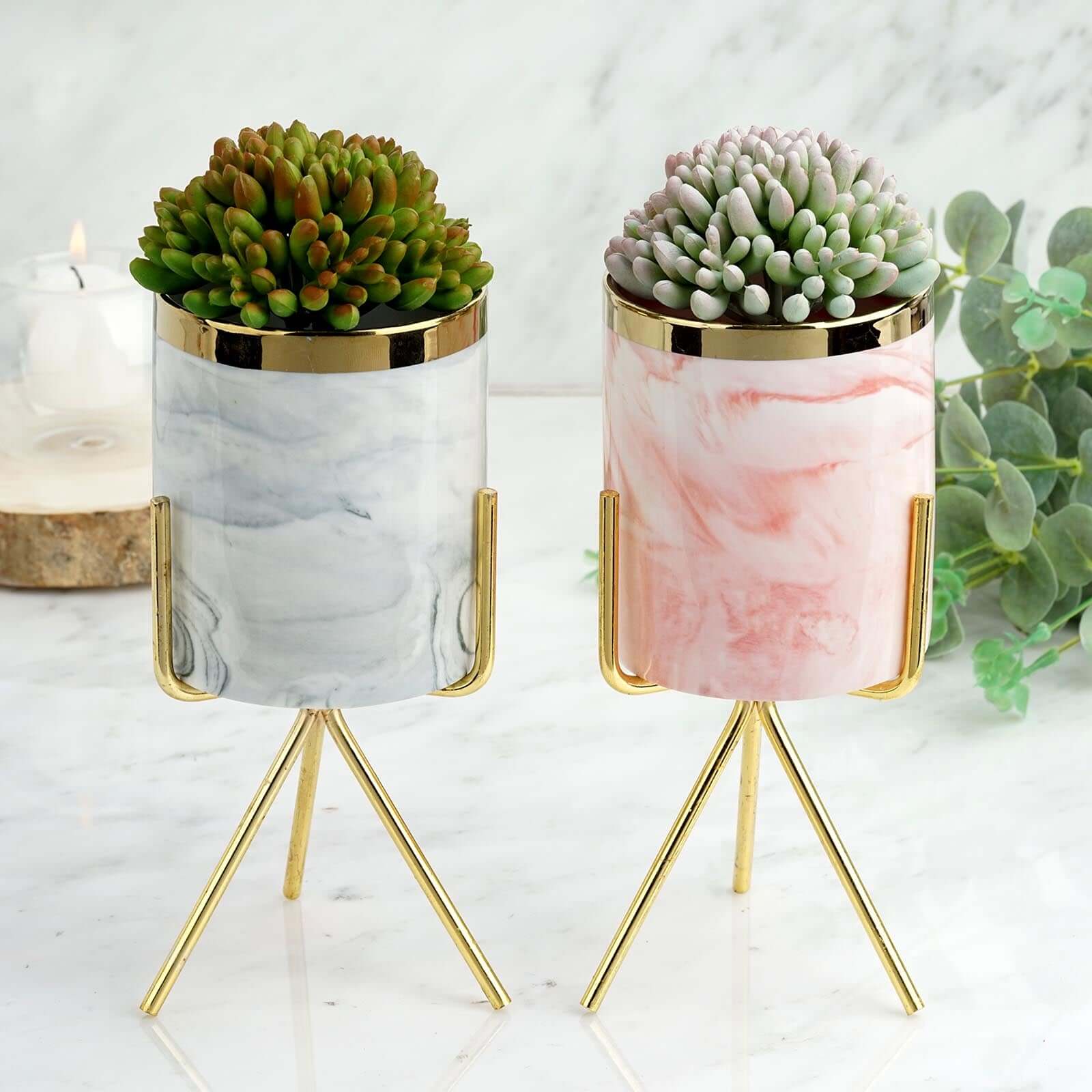 Hot Sale! Gold Rimmed Pink Marble Ceramic Planter with Gold Metal Stand - 8-Inch Decorative Vase