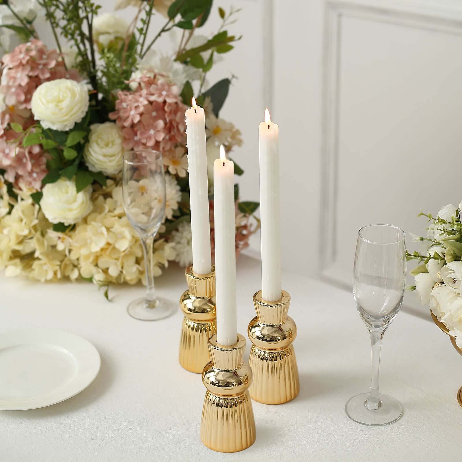 Set of 3 Metallic Gold Ceramic Taper Candle Holders with Fluted Ball Neck Design