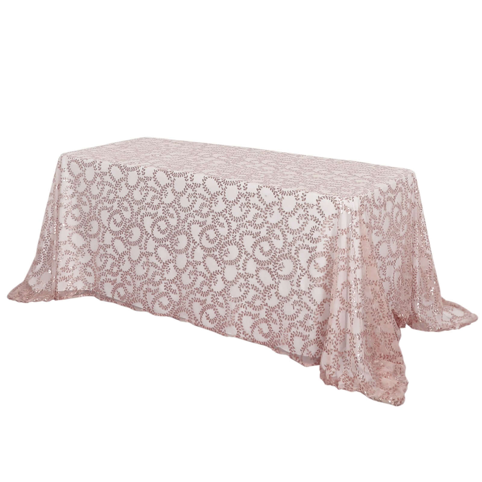 Sparkling Rose Gold Sequin Leaf Embroidered Tulle Rectangle Tablecloth 90x156 for Events