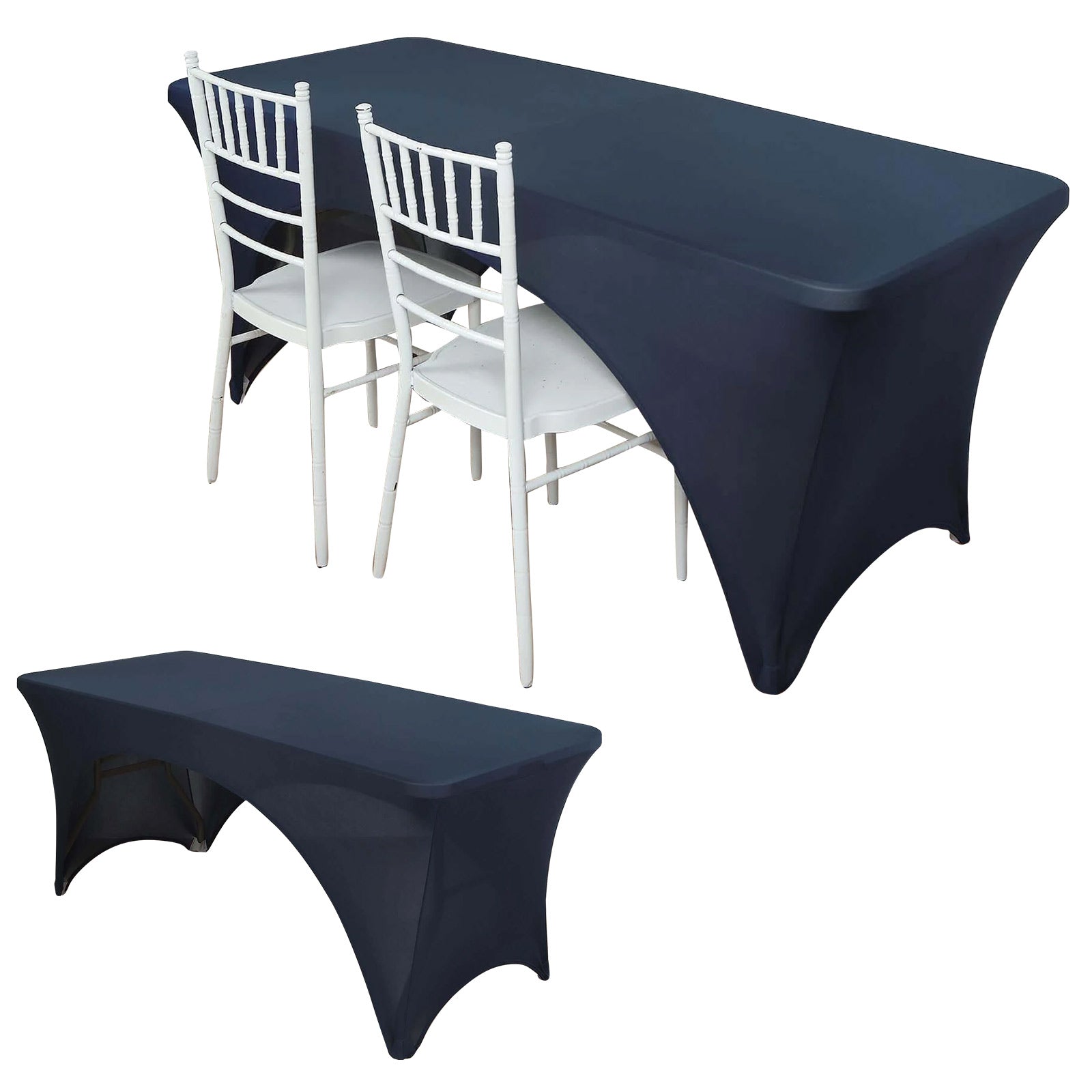 Navy Blue Stretch Spandex 96x30 Rectangle Table Cover with Curved Open Back - Professional Look