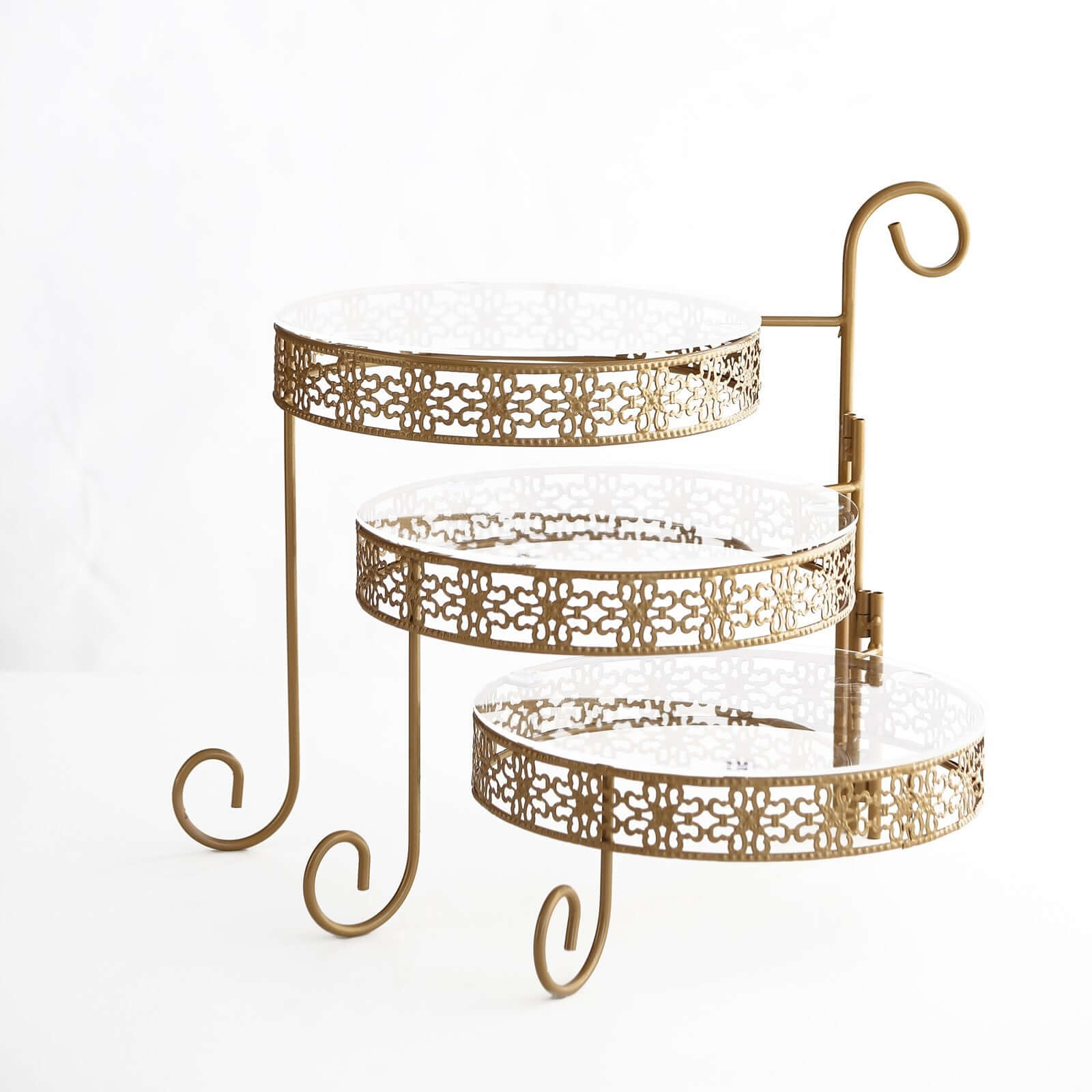 3-Tier Gold Metal Rotating Cupcake Stand with Clear Acrylic Plates - Hollow Lace Design
