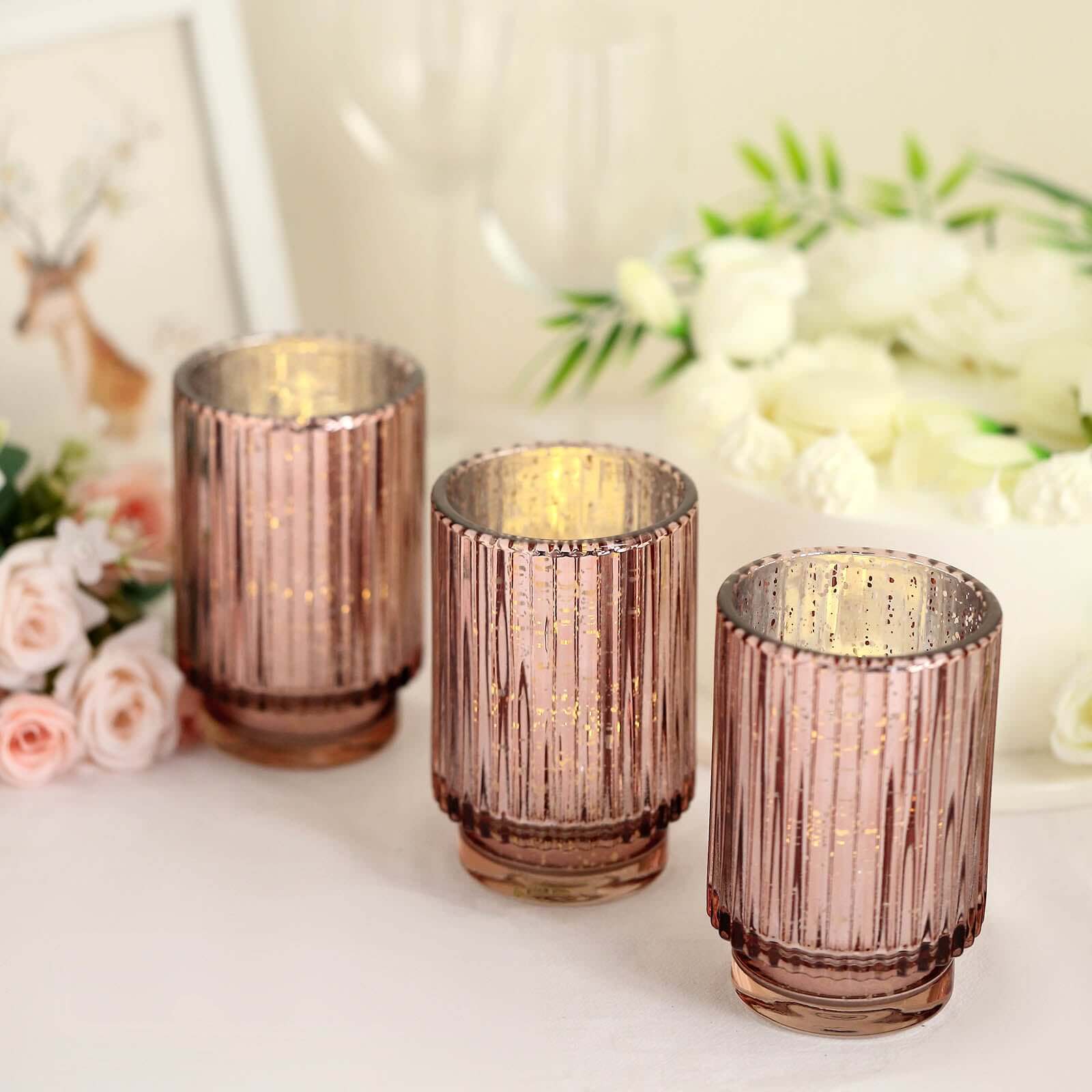 Hot Deal! 3-Pack Rose Gold Wavy Mercury Glass Hurricane Candle Holders