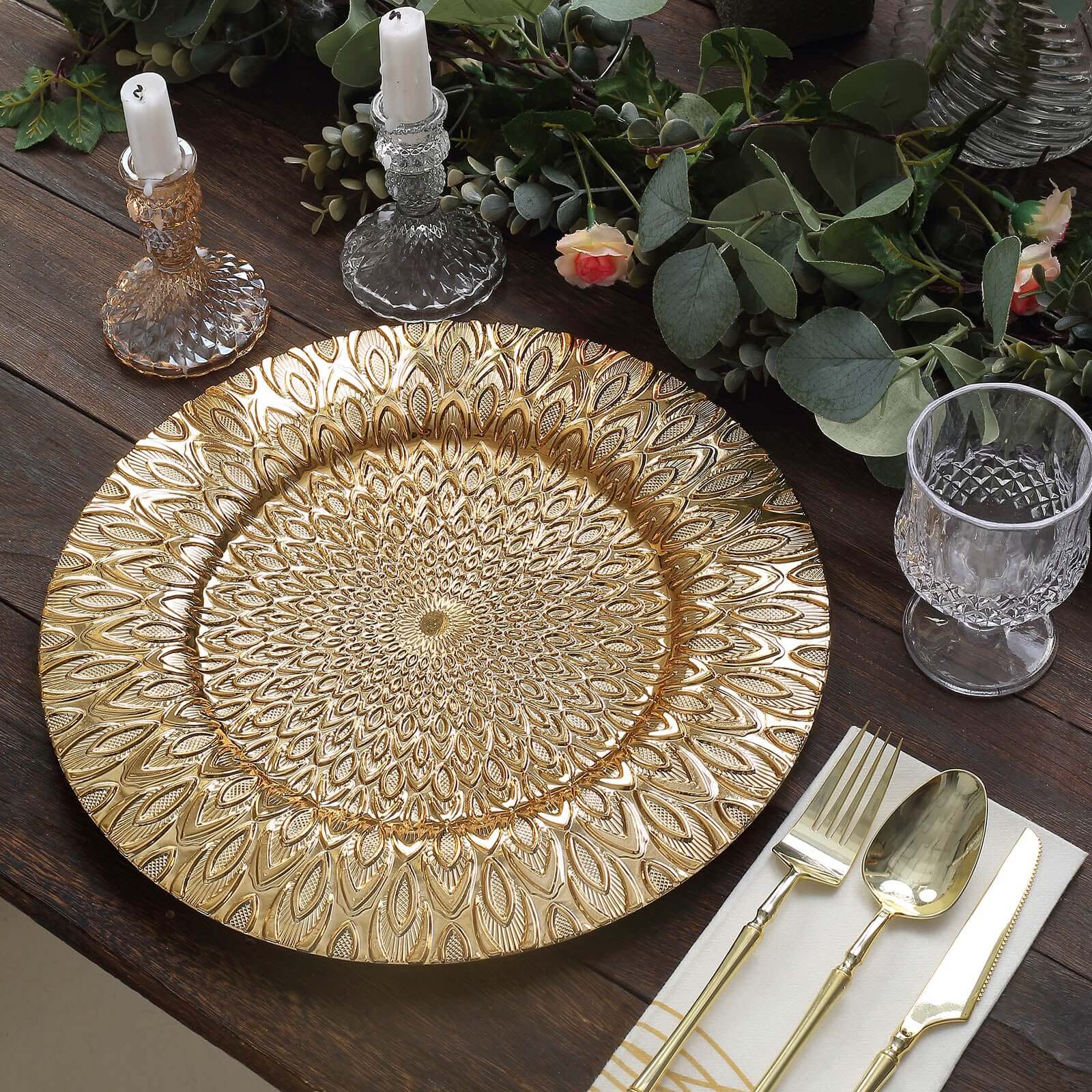 Hot Sale! 6-Piece Set of 13-Inch Gold Plastic Charger Plates with Embossed Peacock Design