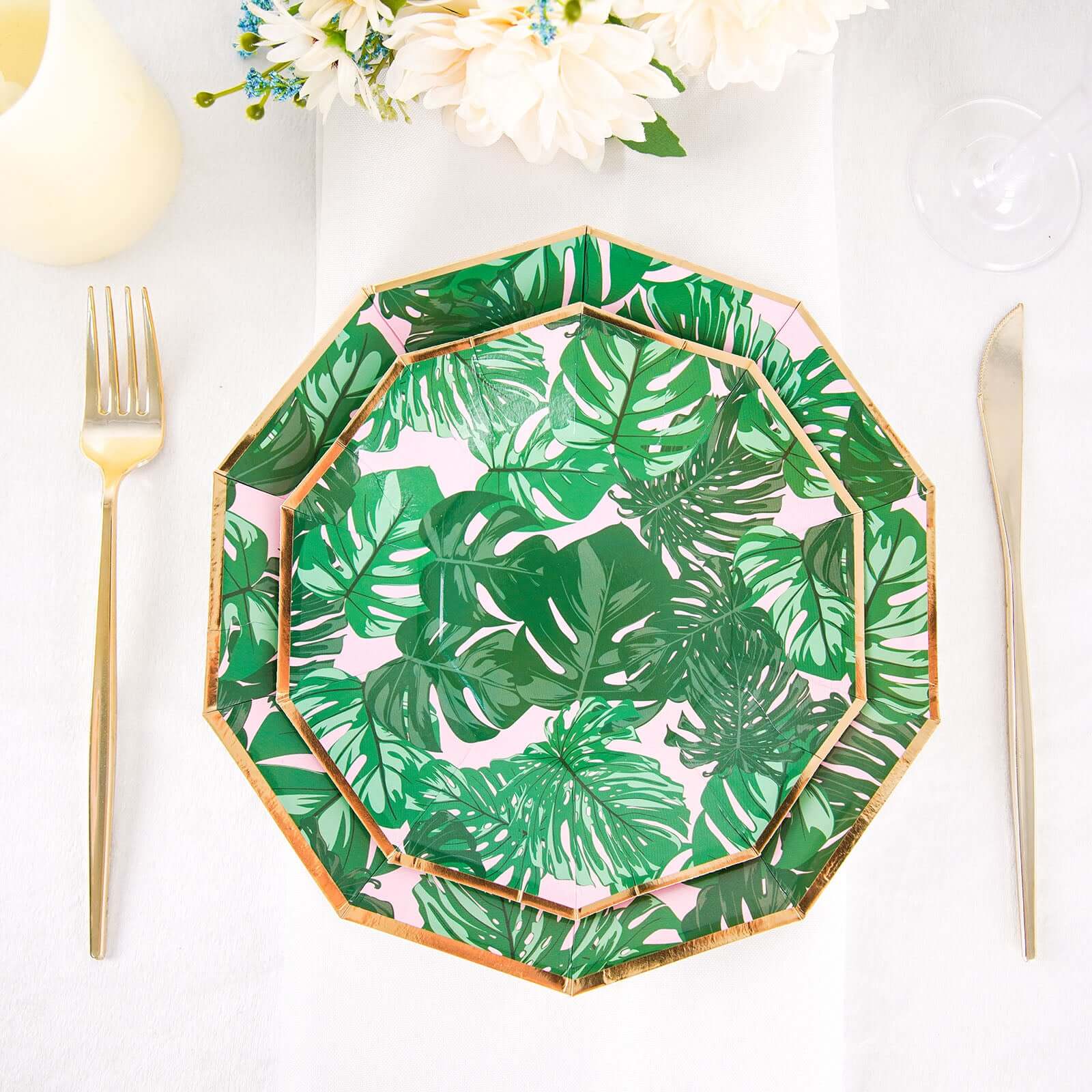 Hot Deal! 25-Pack Disposable 7-Inch Pink Paper Decagon Dessert Plates with Green Tropical Palm Leaves & Gold Rim for Boho & Jungle Events