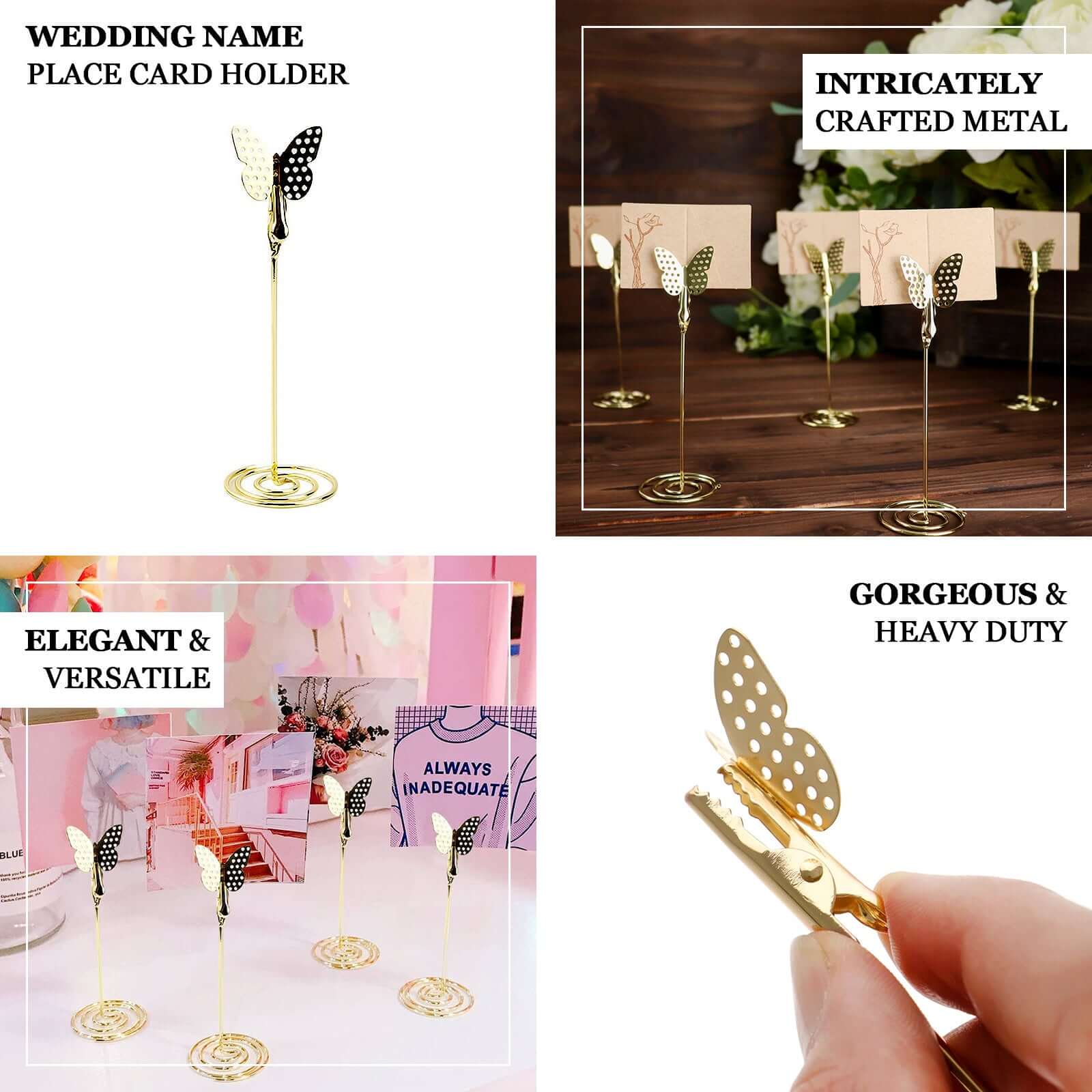 5-Pack Gold Metal Place Card Holders - Modern Table Stands with Butterfly Clips