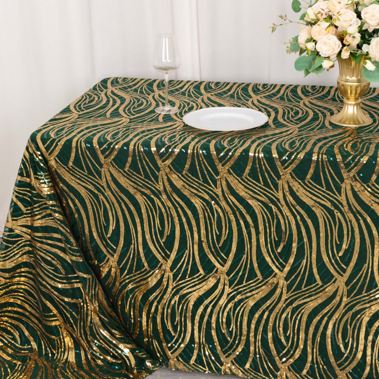 Sparkling Wave Sequin Embroidered Mesh Rectangle Tablecloth - Hunter Emerald Green/Gold