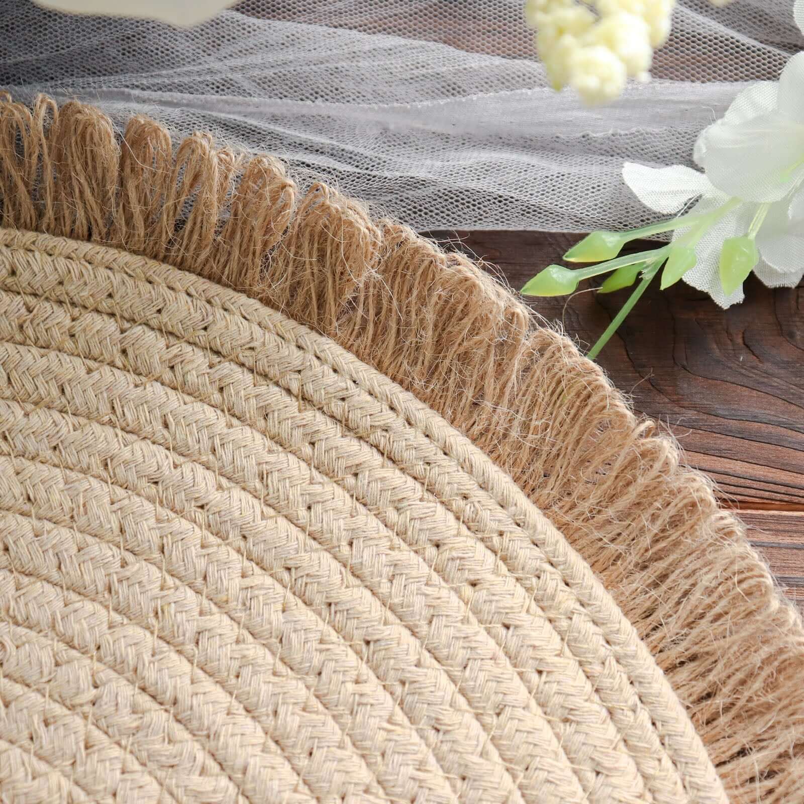 4-Pack Natural Rustic Burlap Jute Round Placemats with Fringed Edge - Farmhouse Style Table Decor