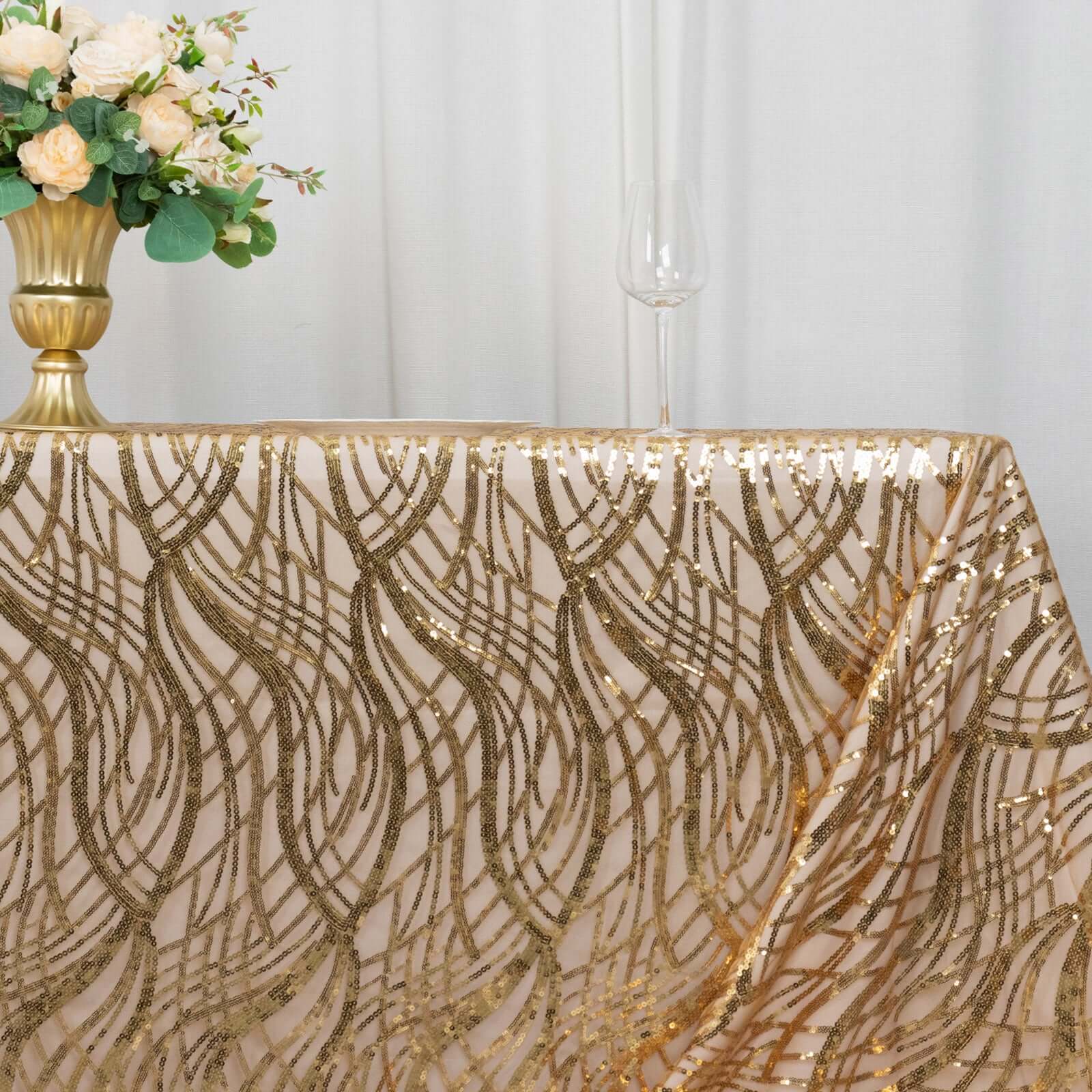 Exclusive Gold Mesh Rectangle Tablecloth with Wave Sequin Embroidered Design for Elegant Occasions