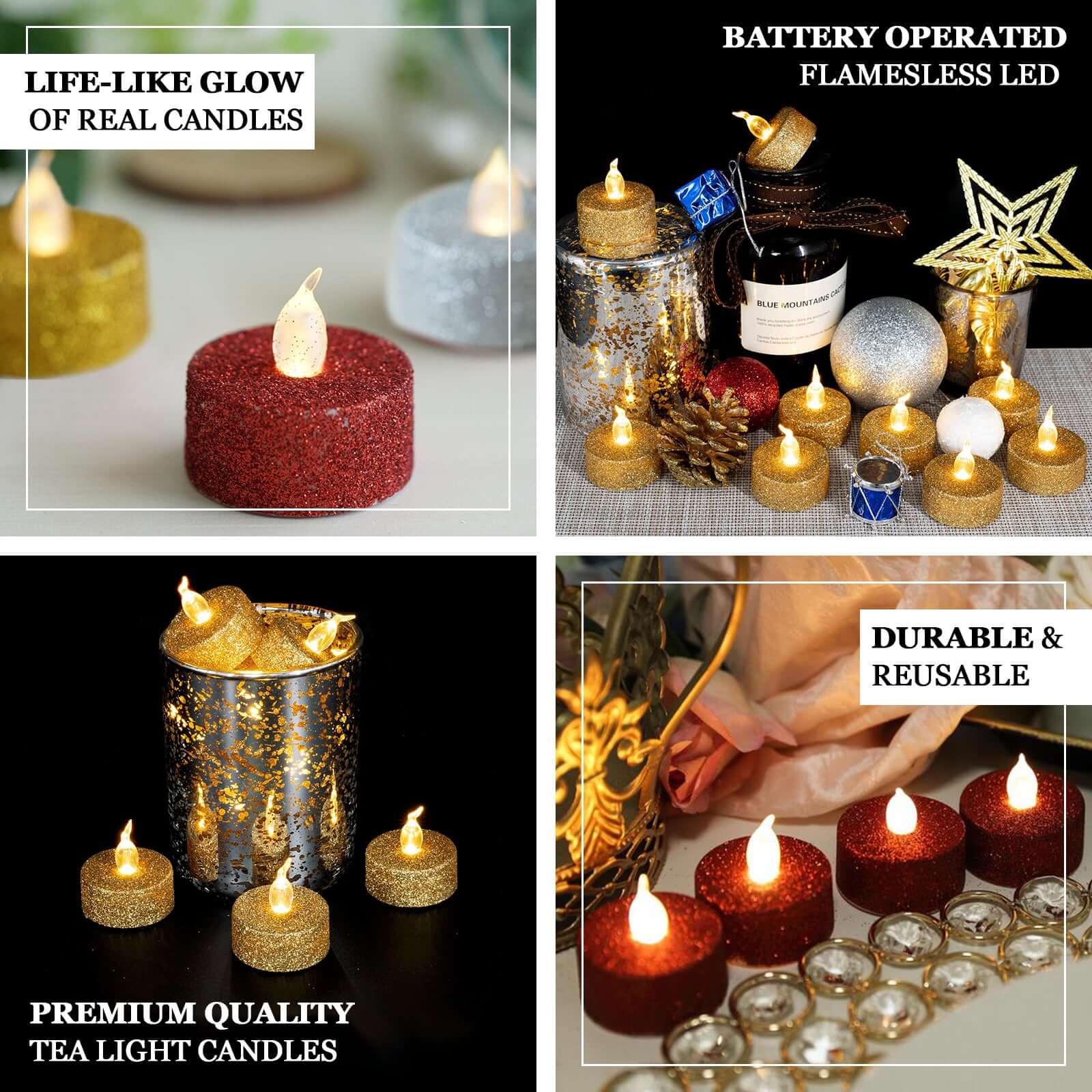 Hot Sale! 12-Pack Flameless LED Tealight Candles with Glittery Gold Design, Battery Operated
