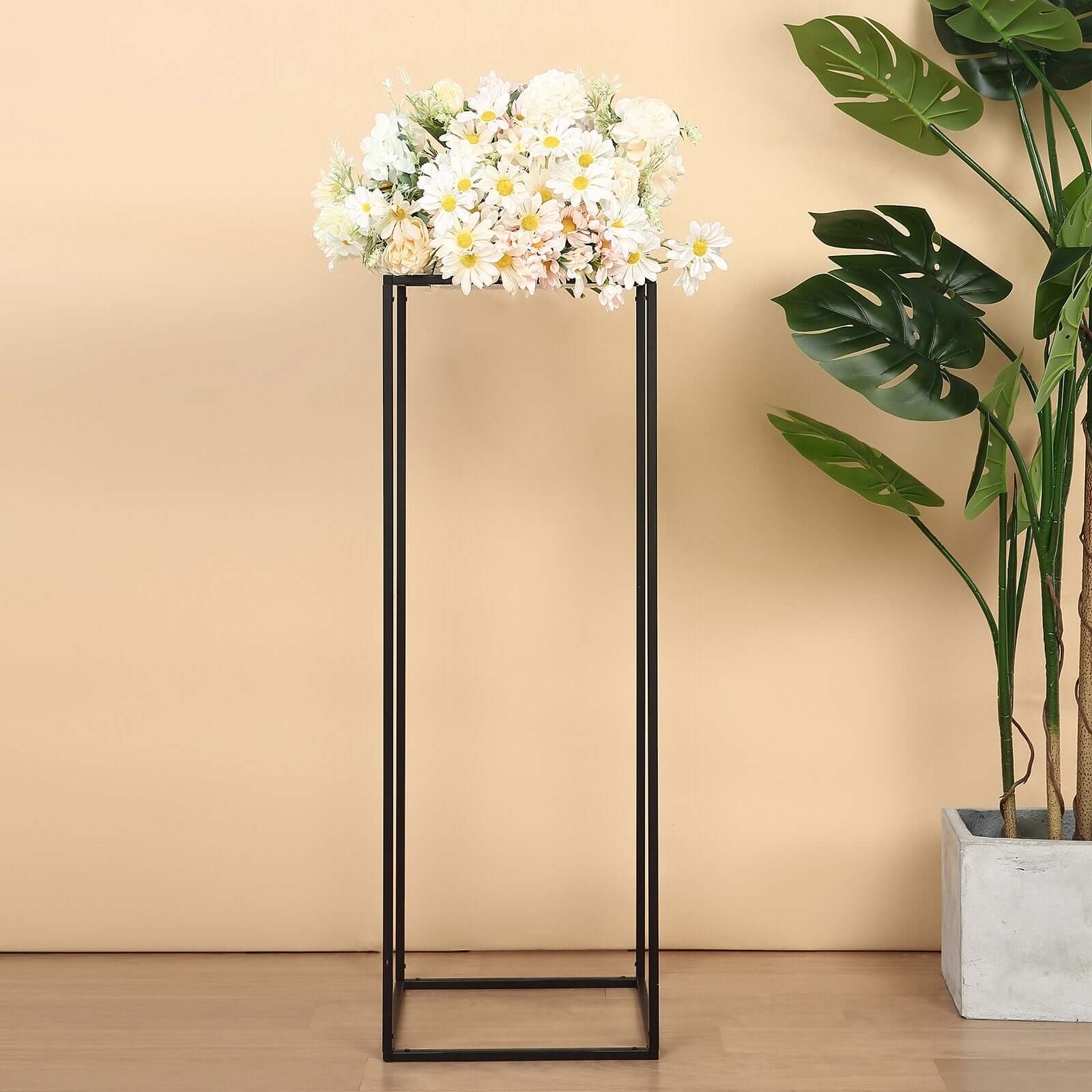 2-Pack Matte Black Iron Wedding Flower Stand, Rectangular Geometric Column Frame, 32
