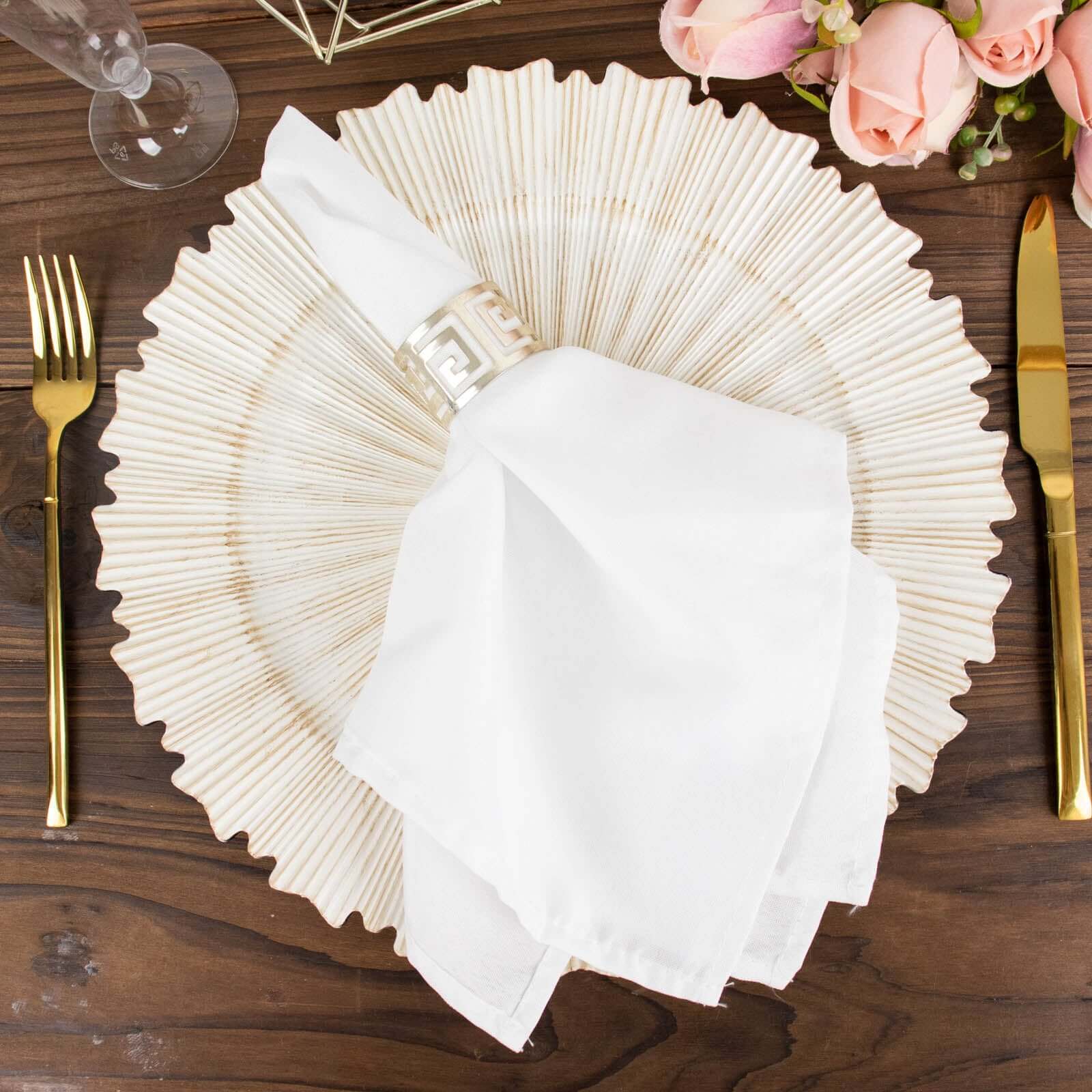 6-Piece Set of 13-Inch Washwhite Acrylic Charger Plates with Sunray Scalloped Rim for Dinner Parties