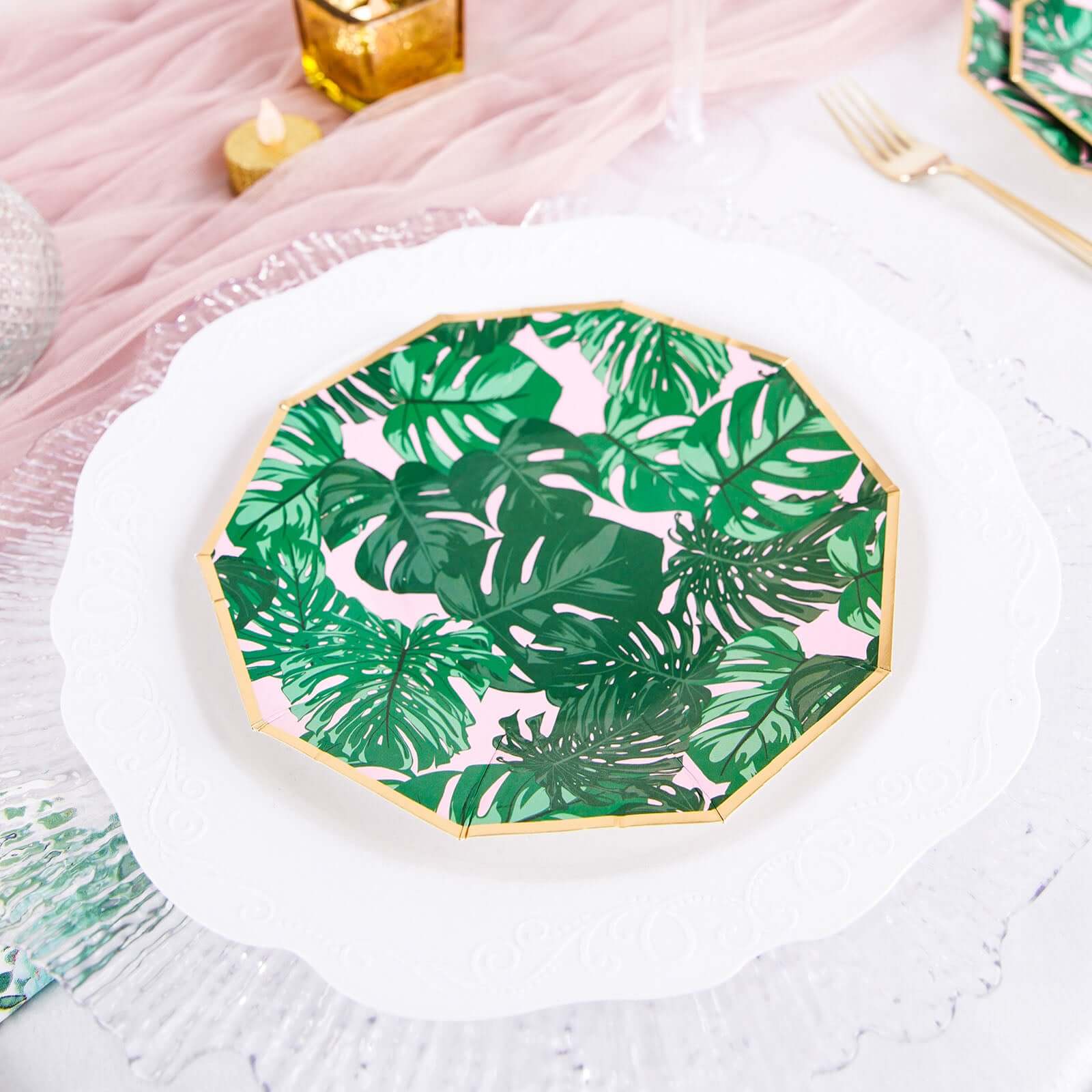 Hot Deal! 25-Pack Disposable 7-Inch Pink Paper Decagon Dessert Plates with Green Tropical Palm Leaves & Gold Rim for Boho & Jungle Events