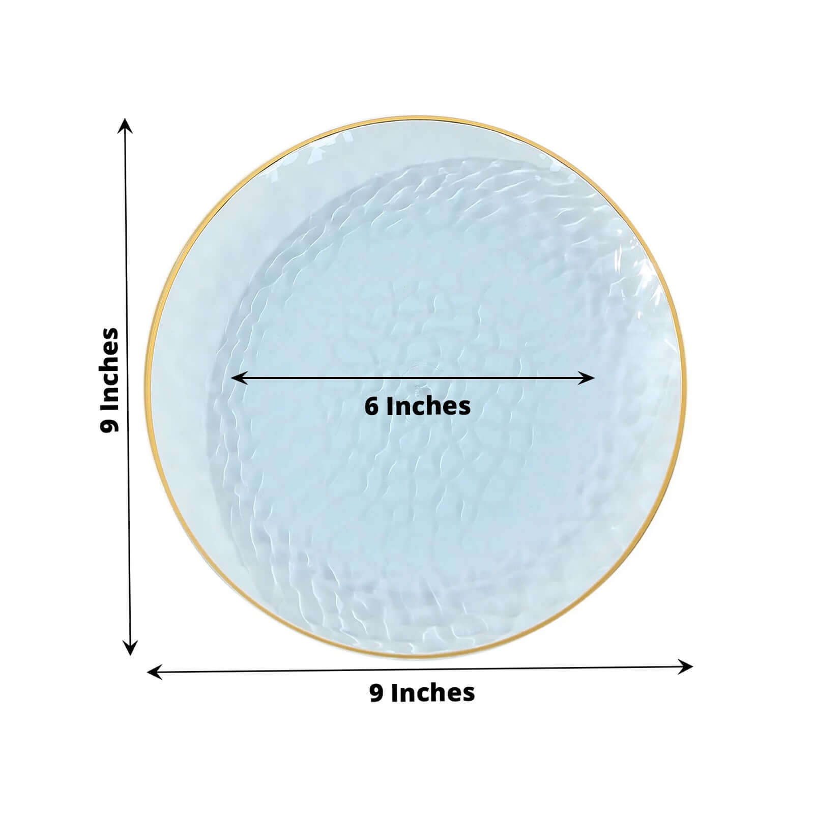 10-Pack 9-Inch Transparent Dusty Blue Hammered Plastic Dinner Plates with Gold Rim - Disposable for Parties