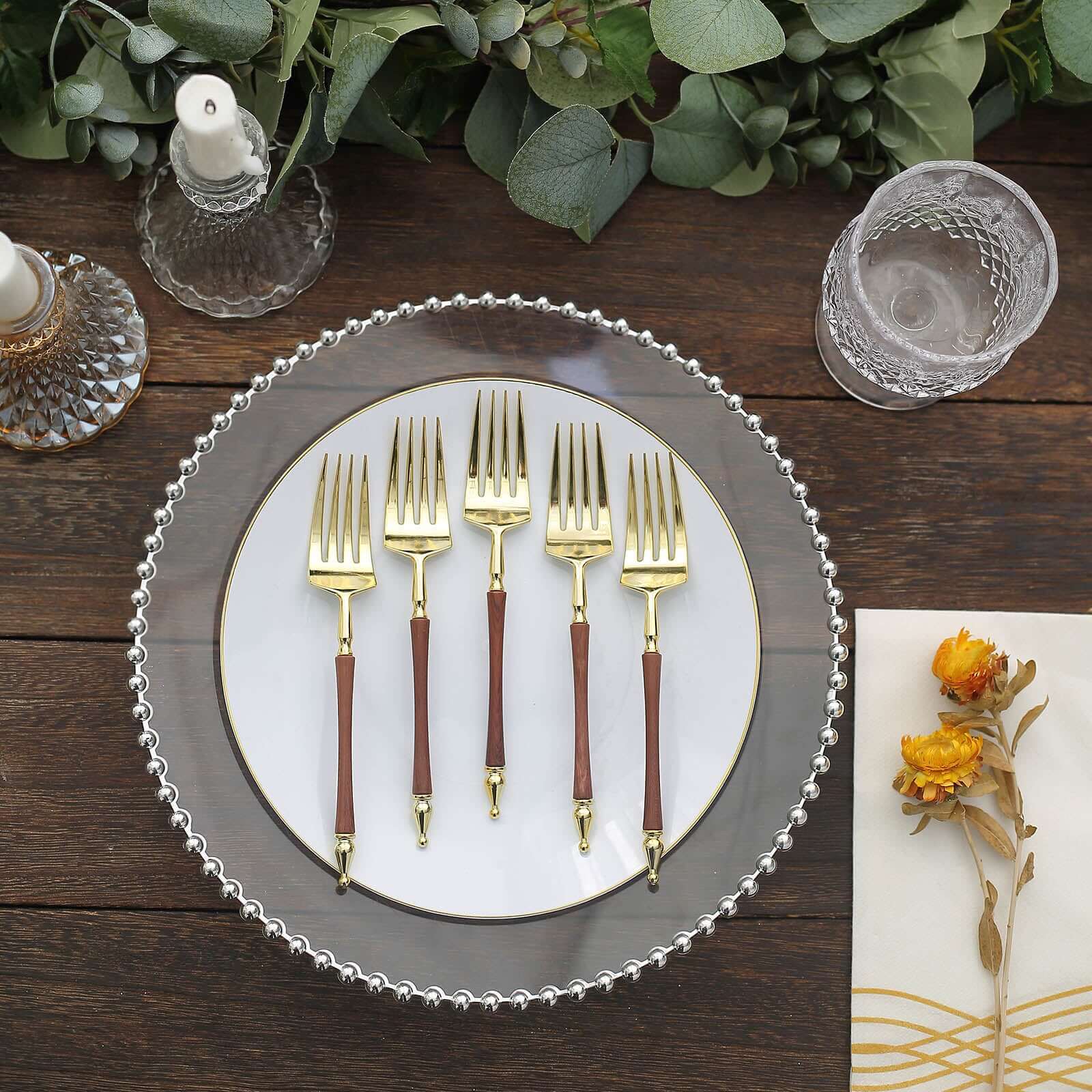 24-Pack Gold/Brown European-Style Disposable Dessert Forks with Roman Column Handles