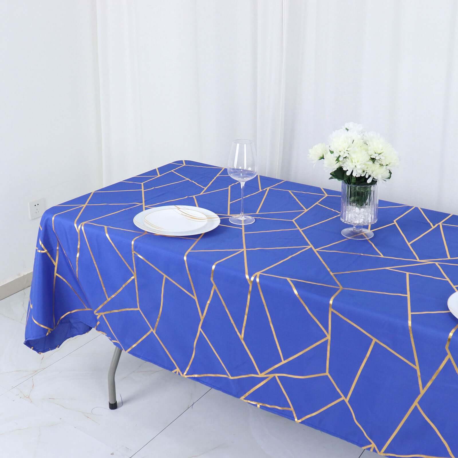 Wrinkle-Resistant & Durable Royal Blue Polyester Tablecloth with Gold Foil Geometric Pattern (60x102)