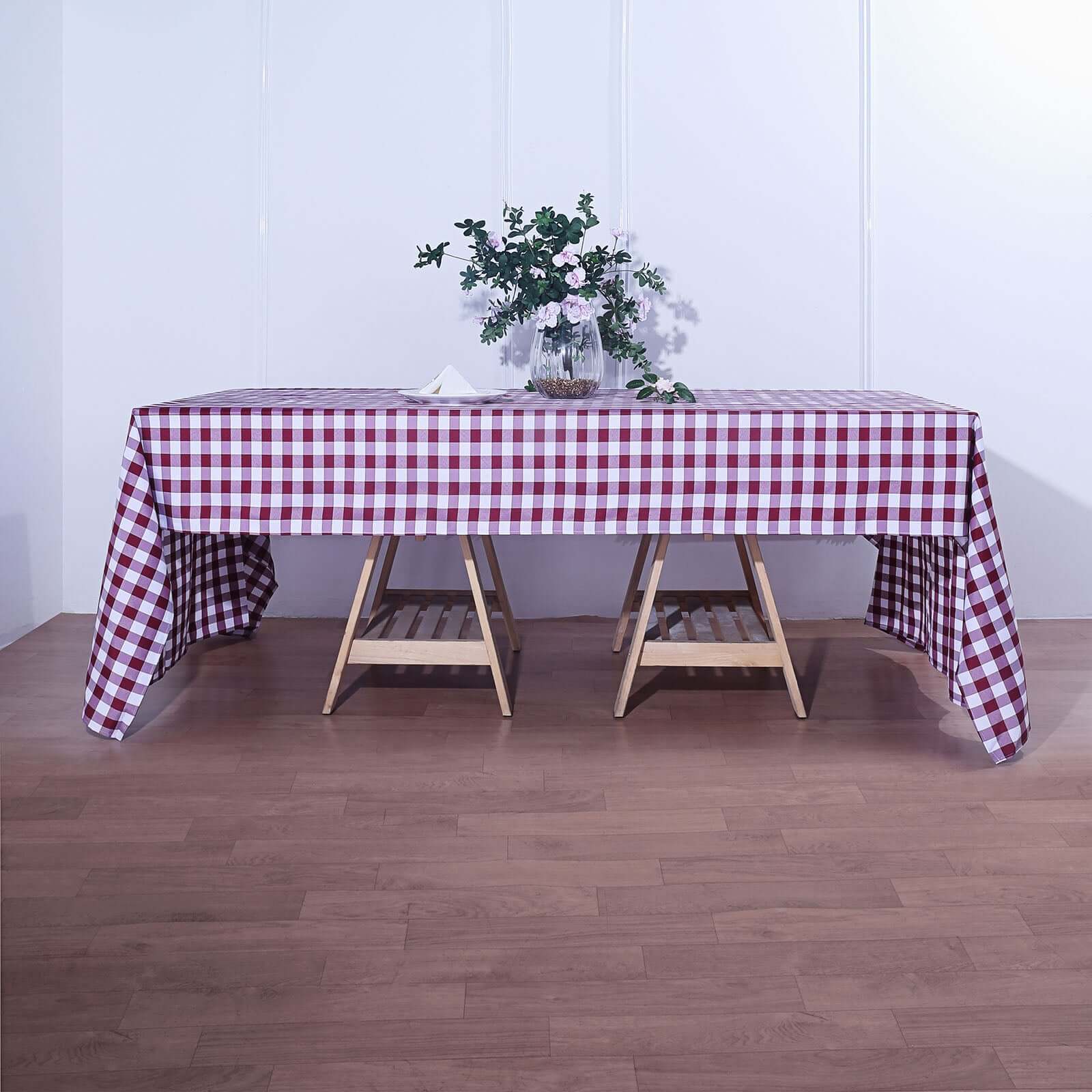 Hot Deal! 60x126 Polyester Buffalo Plaid White/Burgundy Rectangle Tablecloth