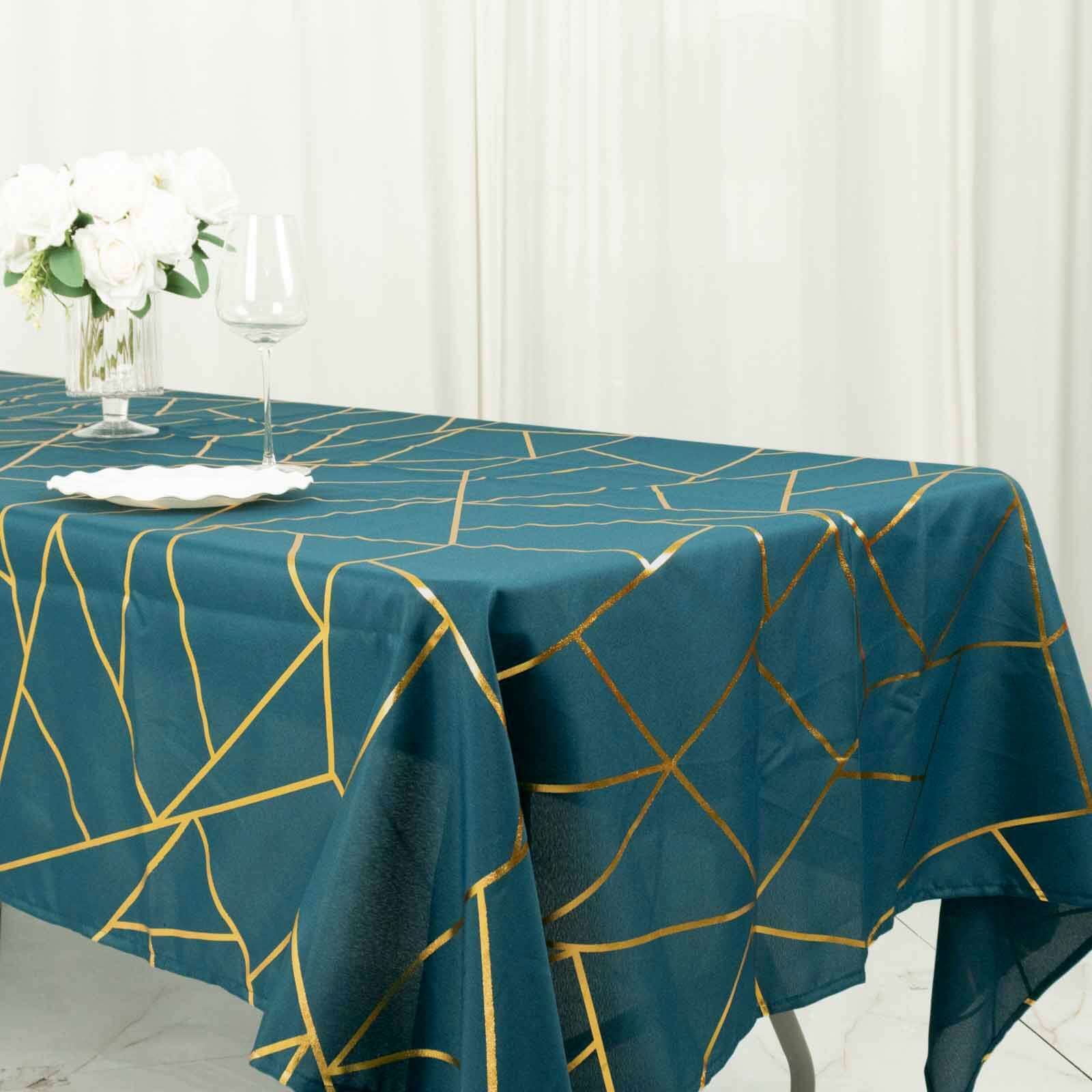 Wrinkle-Resistant & Durable Polyester Tablecloth: 60x102 Rectangle in Peacock Teal with Gold Foil Geometric Pattern