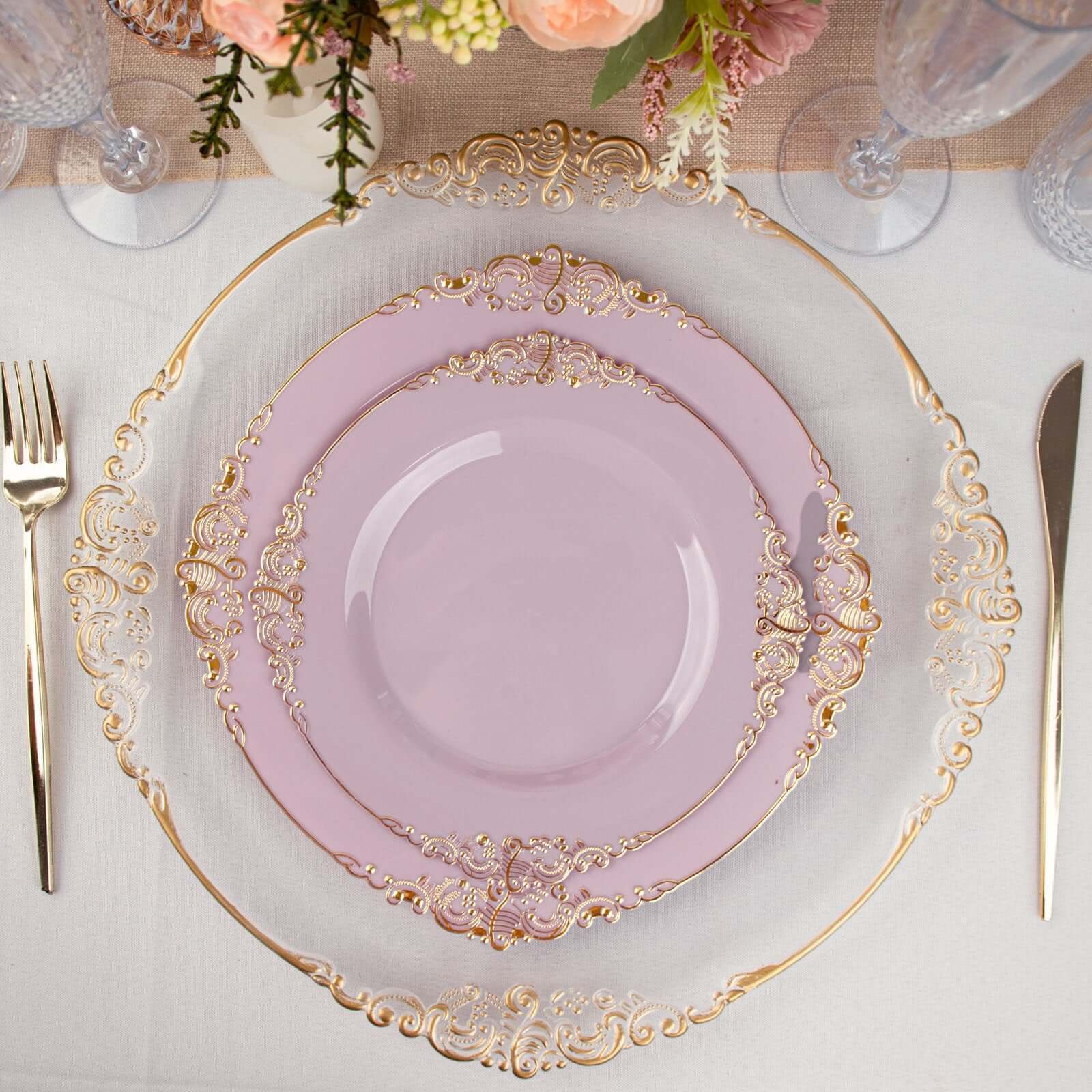 Hot Deal! 10-Pack Disposable Plastic Round Dinner Plates in Lavender Lilac with Gold Leaf Embossed Rim, Vintage Baroque Style