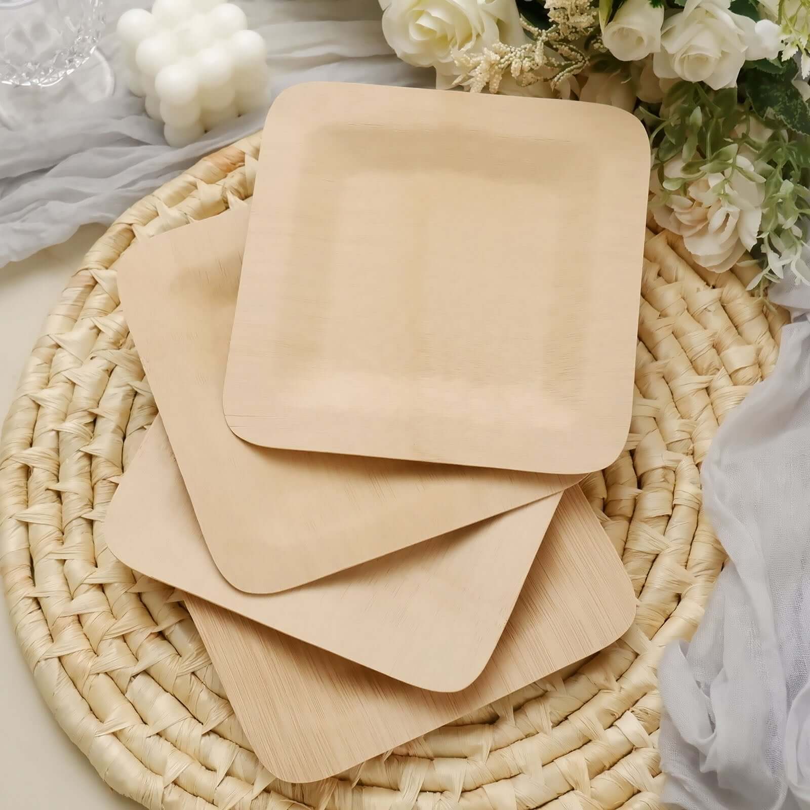 10-Pack Natural Bamboo 9 Square Dinner Plates - Eco-Friendly Disposable for Events