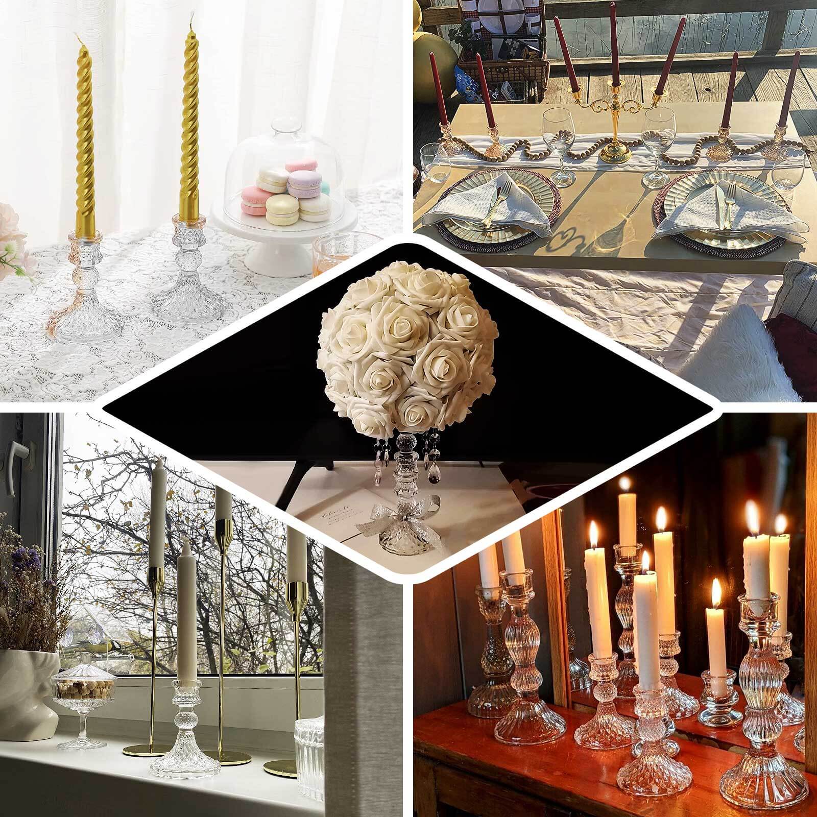 6-Piece Clear Glass Taper & Pillar Candle Holders with Diamond Pattern
