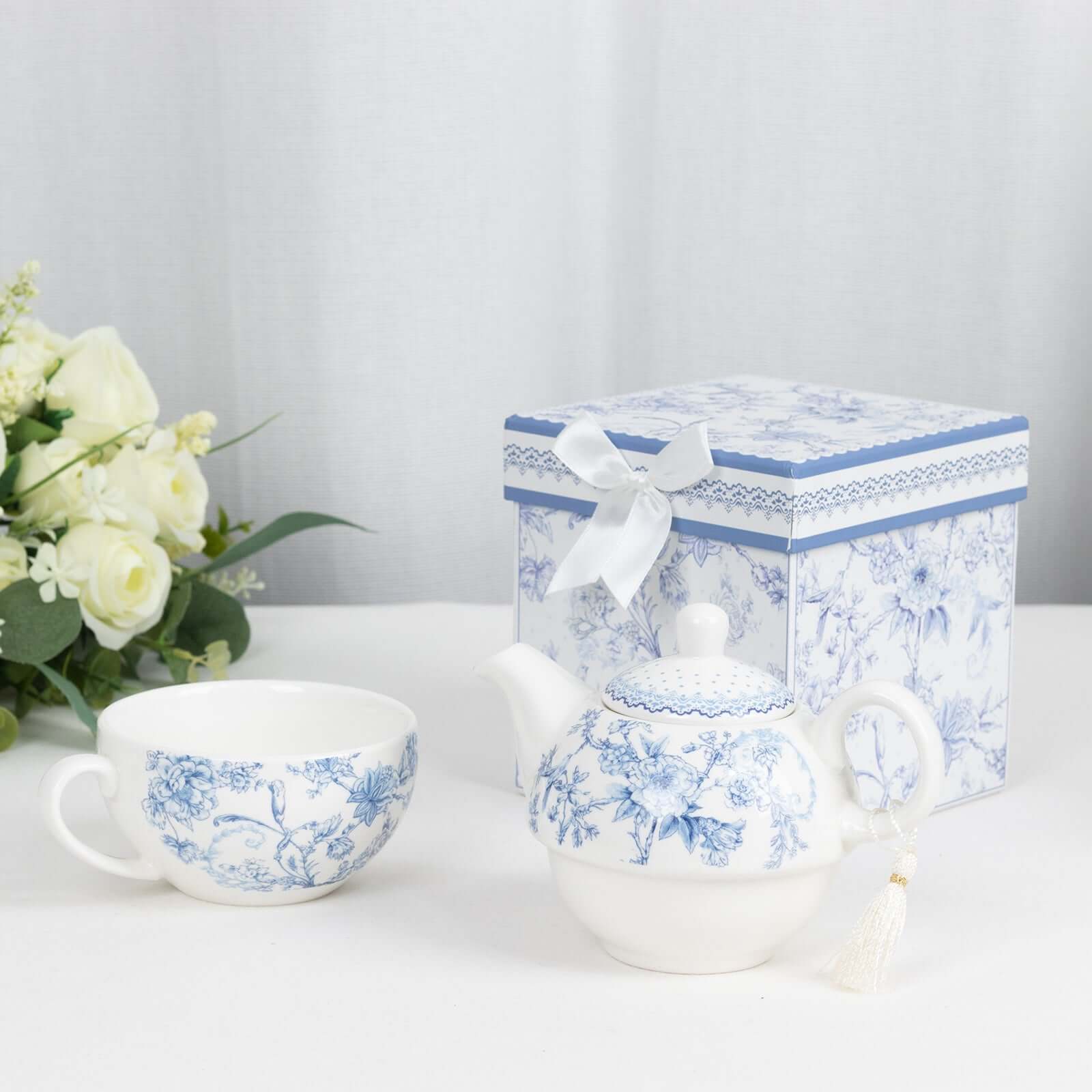Premium French Toile Porcelain Teapot and Cup Set - Ideal Bridal Shower Gift with Keepsake Box
