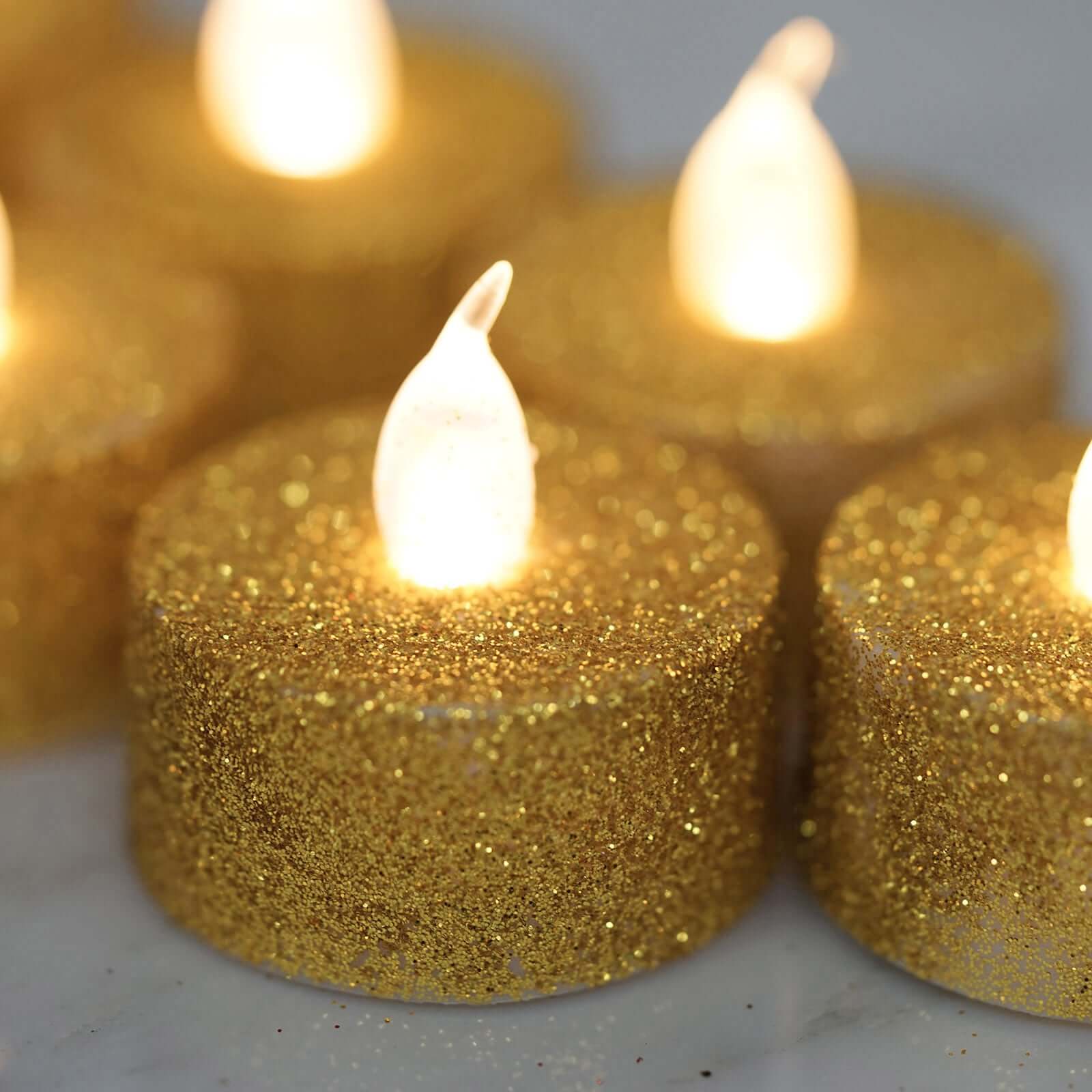 Hot Sale! 12-Pack Flameless LED Tealight Candles with Glittery Gold Design, Battery Operated
