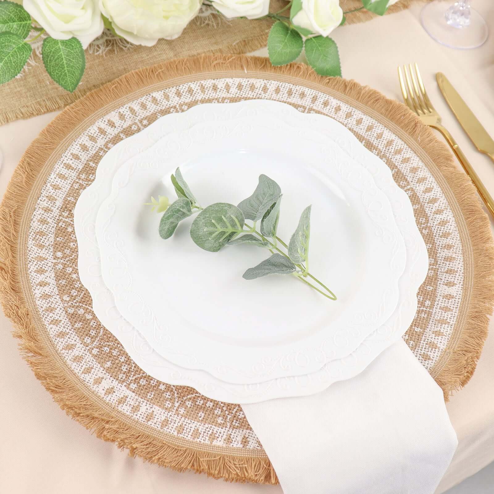 4-Pack Natural Jute and White Round Placemats with Fringe Print - Rustic Style, 15"