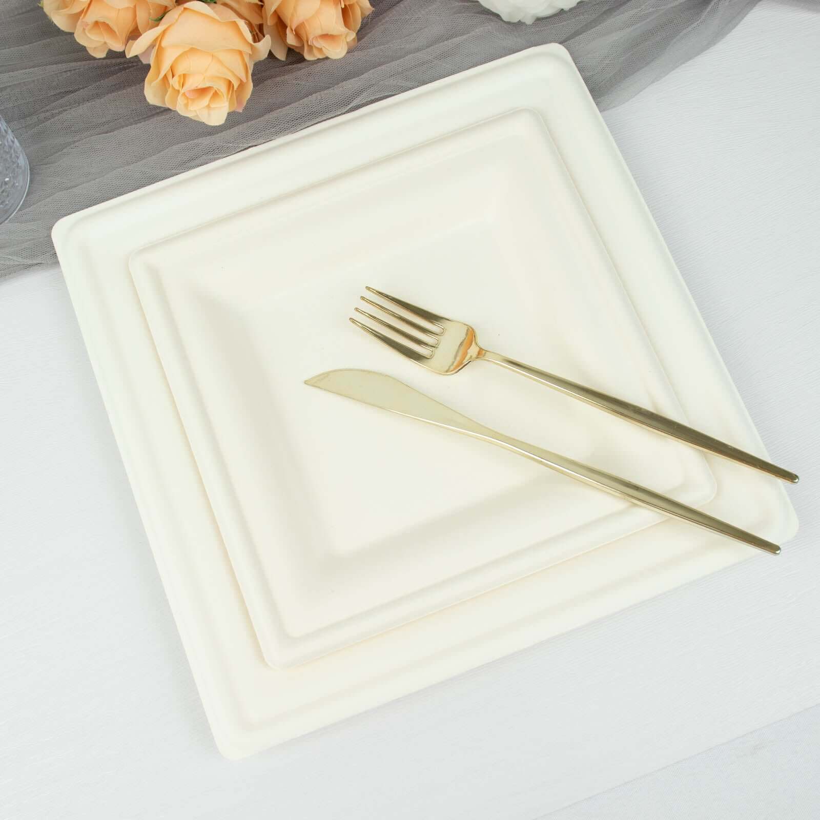50-Pack White Bagasse 8" Square Wide Rim Dessert/Salad Plates - Eco-Friendly for Parties