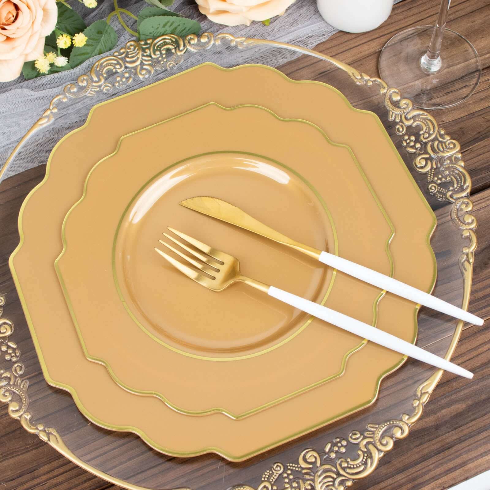 Get 10-Pack Heavy Duty Disposable Gold Baroque Dinner Plates with Scalloped Rim for Events