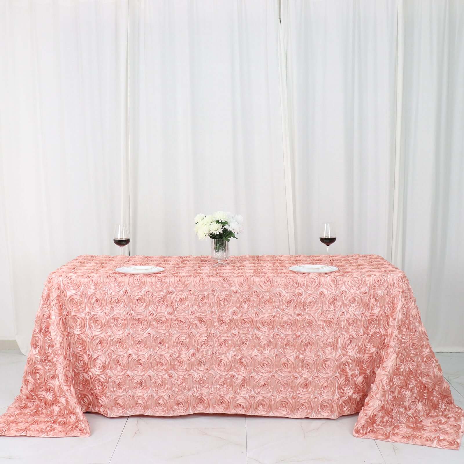 Luxurious Dusty Rose Satin 90x132 Rectangle Tablecloth with 3D Rosette Design
