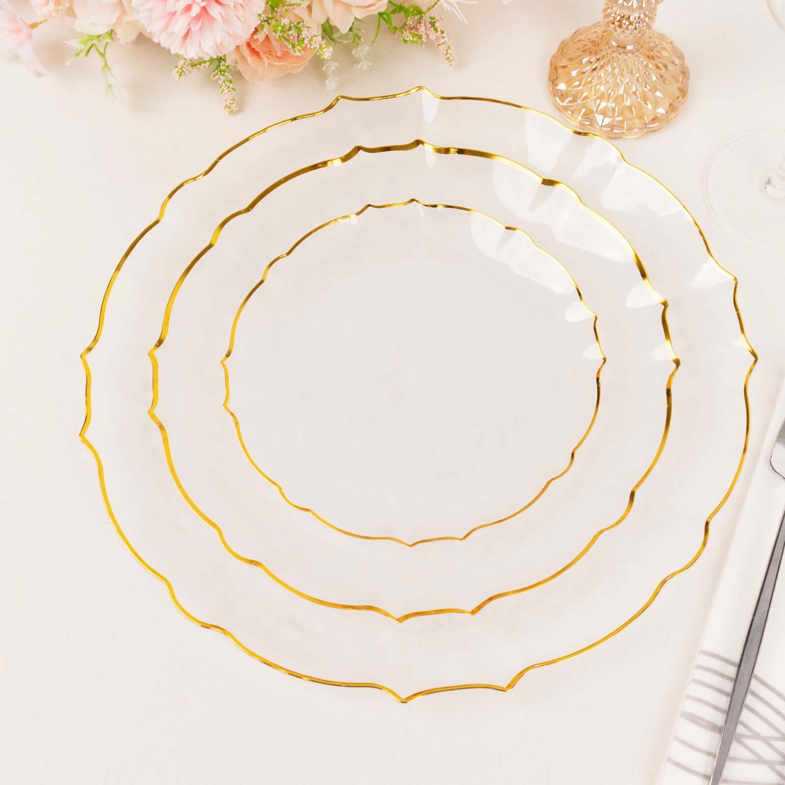 10-Pack Clear Plastic Round Dessert Plates with Gold Scalloped Sunflower Rim - Ideal for Special Events