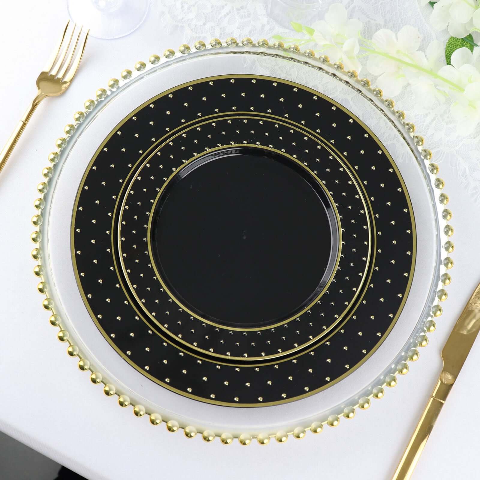 Get 10-Pack Durable Disposable Black Plastic Dessert Plates with Gold 3D Dotted Rim for Events