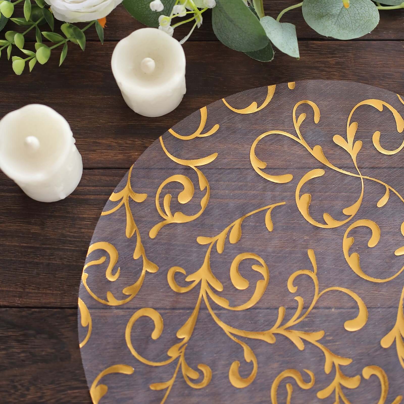 Hot Deal! 10-Pack Metallic Gold Round Organza Disposable Table Placemats with Embossed Foil Flower Design