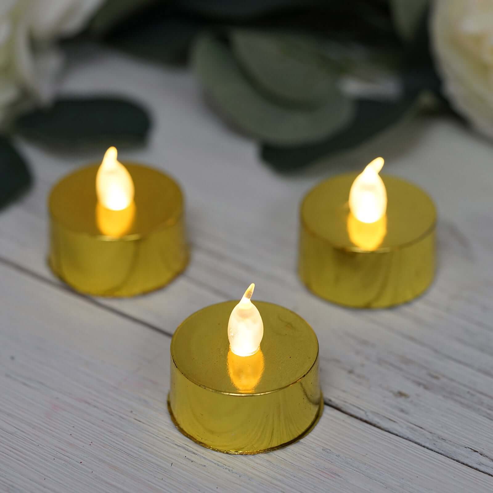 Amazing 12-Pack Reusable Flameless LED Tealight Candles with Metallic Gold Design, Battery Operated