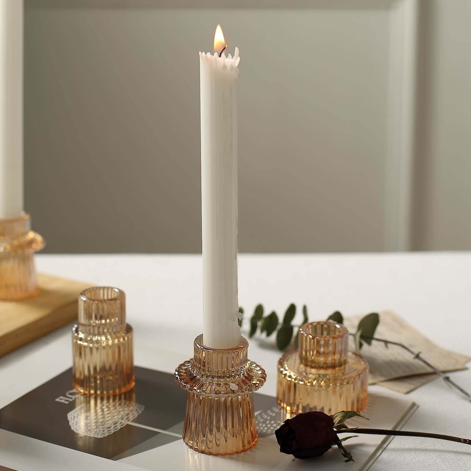 Hot Sale! Set of 6 Amber Gold Glass Taper Candle Holders with Ribbed Crystal Design