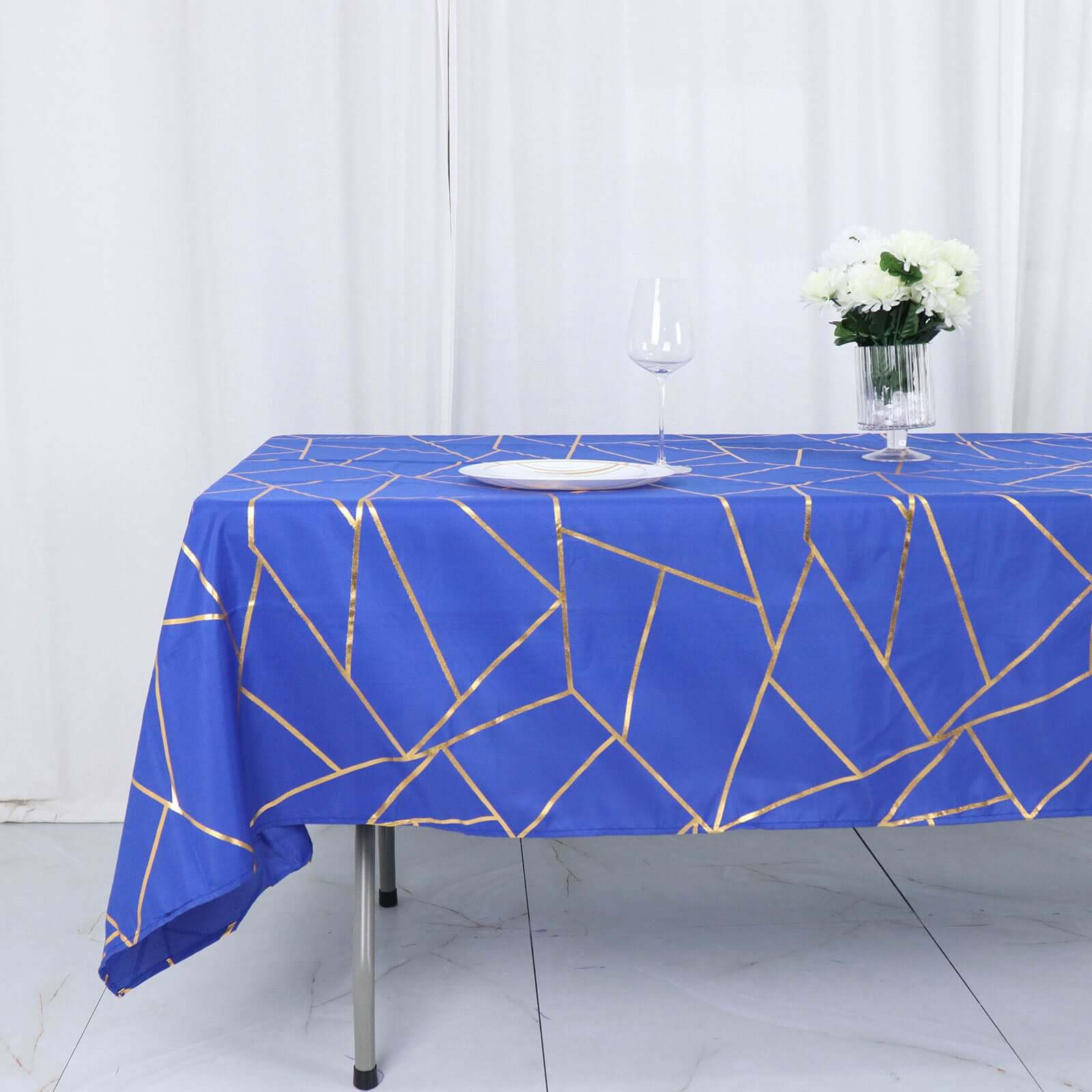 Wrinkle-Resistant & Durable Royal Blue Polyester Tablecloth with Gold Foil Geometric Pattern (60x102)
