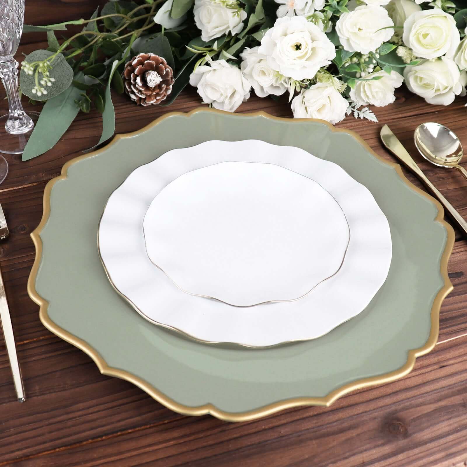 6-Piece Set of 13-Inch Dusty Sage Green Acrylic Charger Plates with Gold Scalloped Edges
