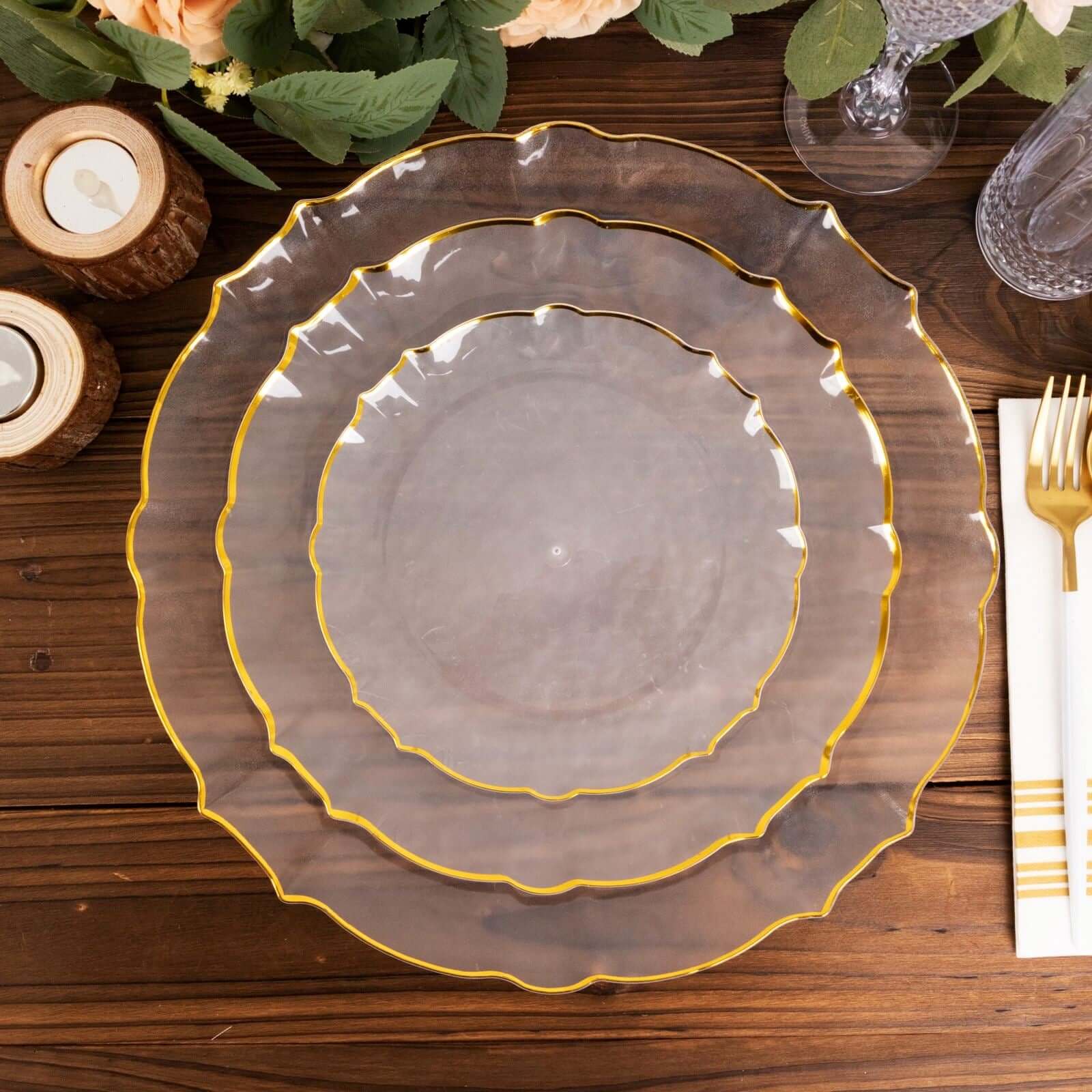 10-Pack Clear Plastic Round Dessert Plates with Gold Scalloped Sunflower Rim - Ideal for Special Events