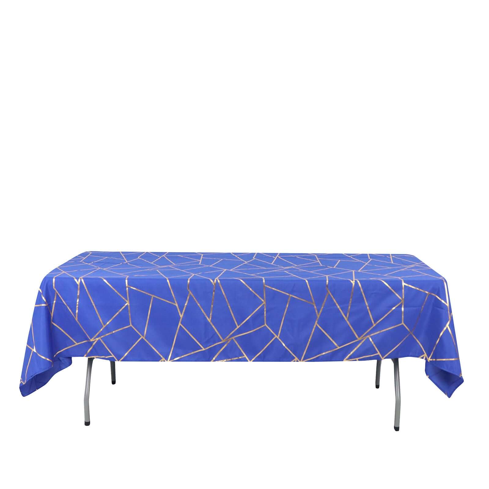 Wrinkle-Resistant & Durable Royal Blue Polyester Tablecloth with Gold Foil Geometric Pattern (60x102)
