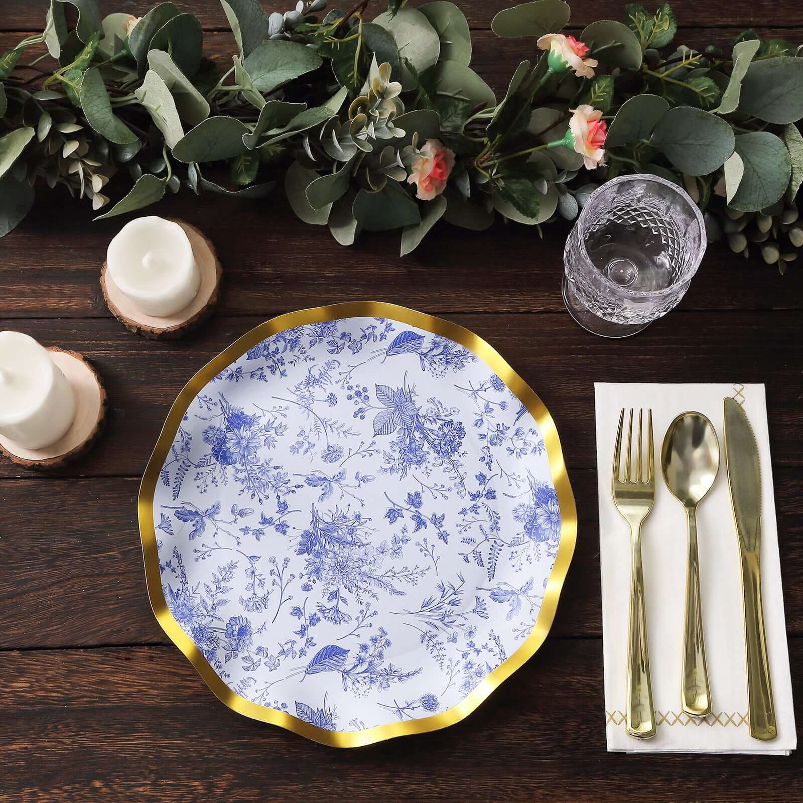 Get 25-Piece Set of Disposable 10-Inch White Paper Dinner Plates with Blue French Toile & Gold Wavy Rim