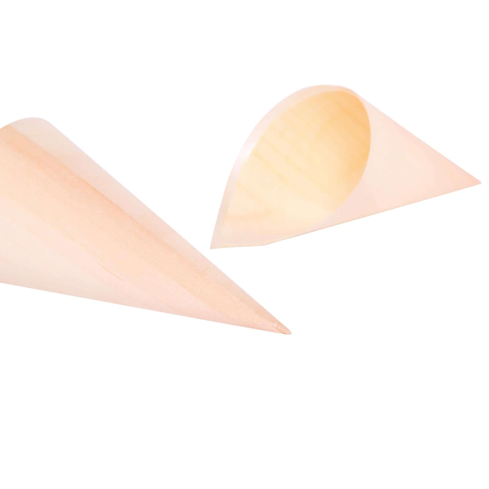 Get 50-Pack Eco-Friendly Natural Pine Wood Disposable Food Tasting and Serving Cones, 6 Inches
