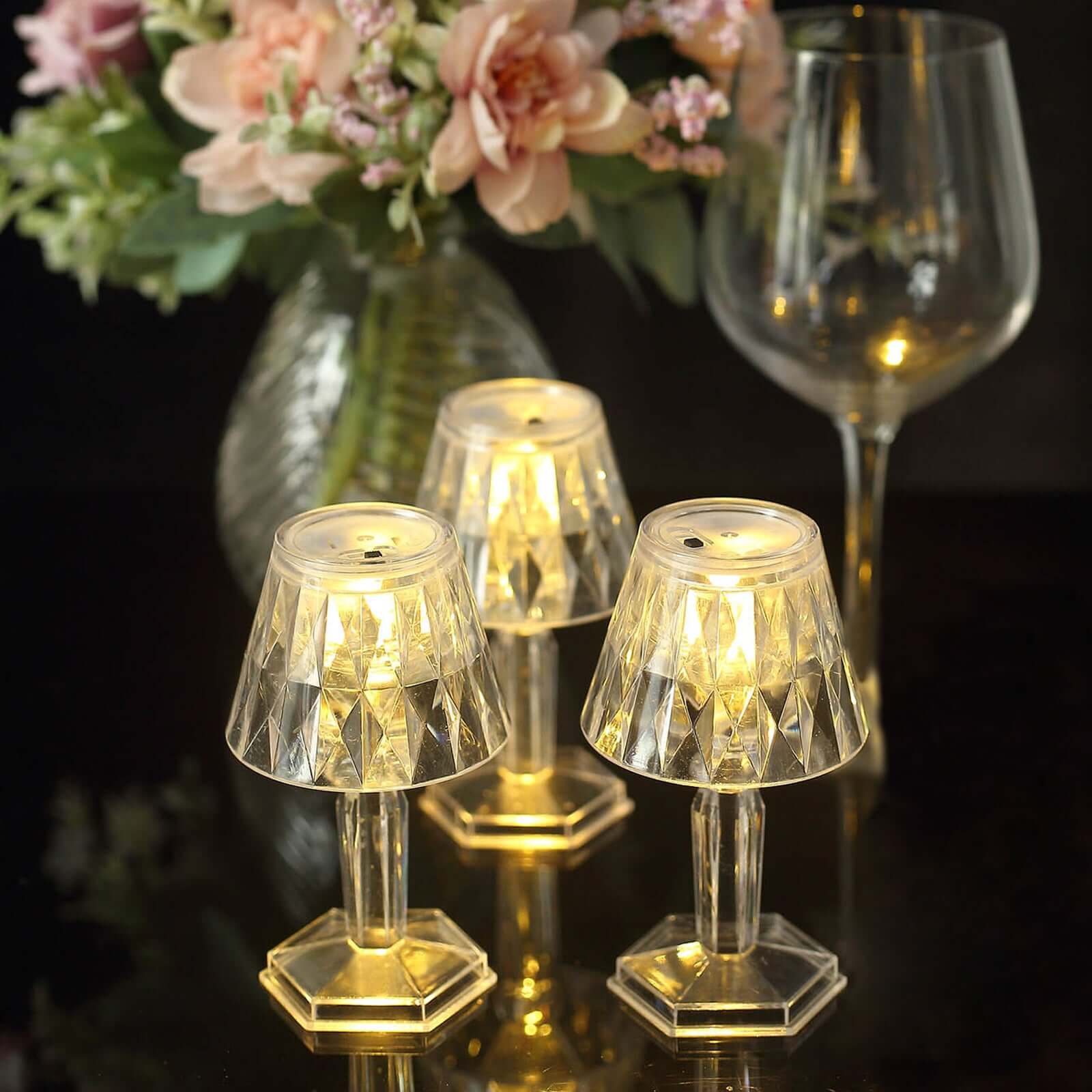 6-Piece Set of Clear Acrylic LED Warm White Accent Night Lights with Diamond Design, 4.5 inches Tall