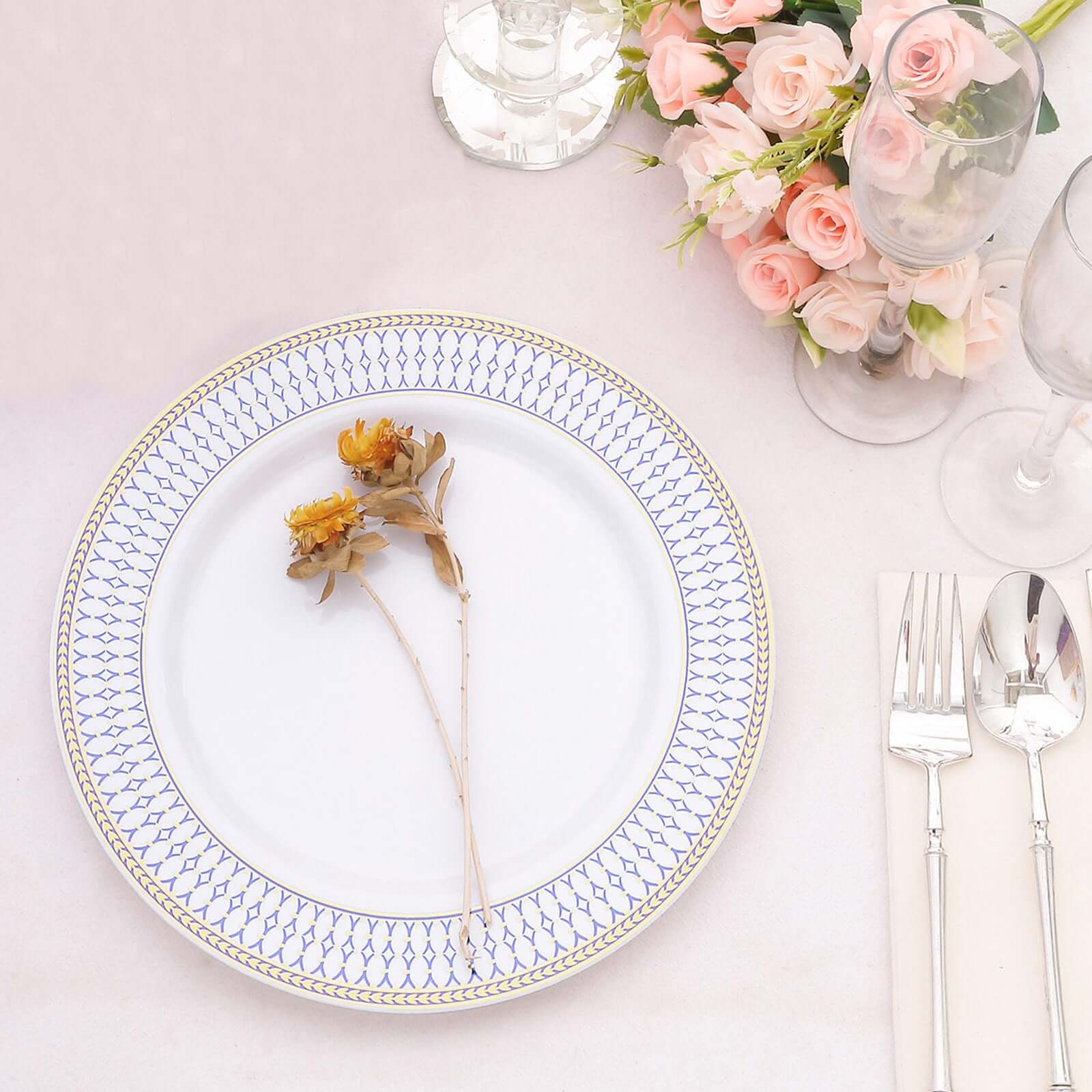 10-Pack White Disposable Dinner Plates with Gold and Navy Blue Chord Rim - Renaissance Style for Events