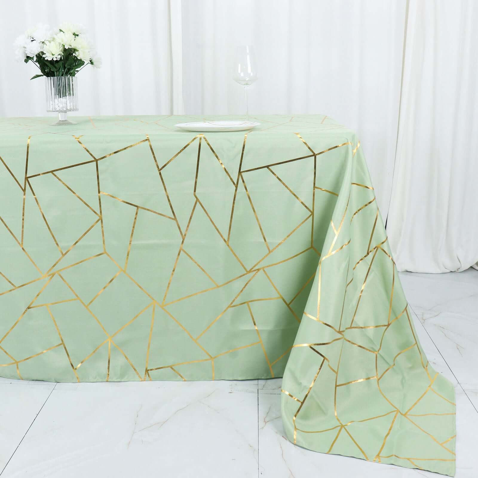 Hot! Wrinkle-Resistant Sage Green Polyester Tablecloth with Gold Foil Geometric Pattern, 90x132
