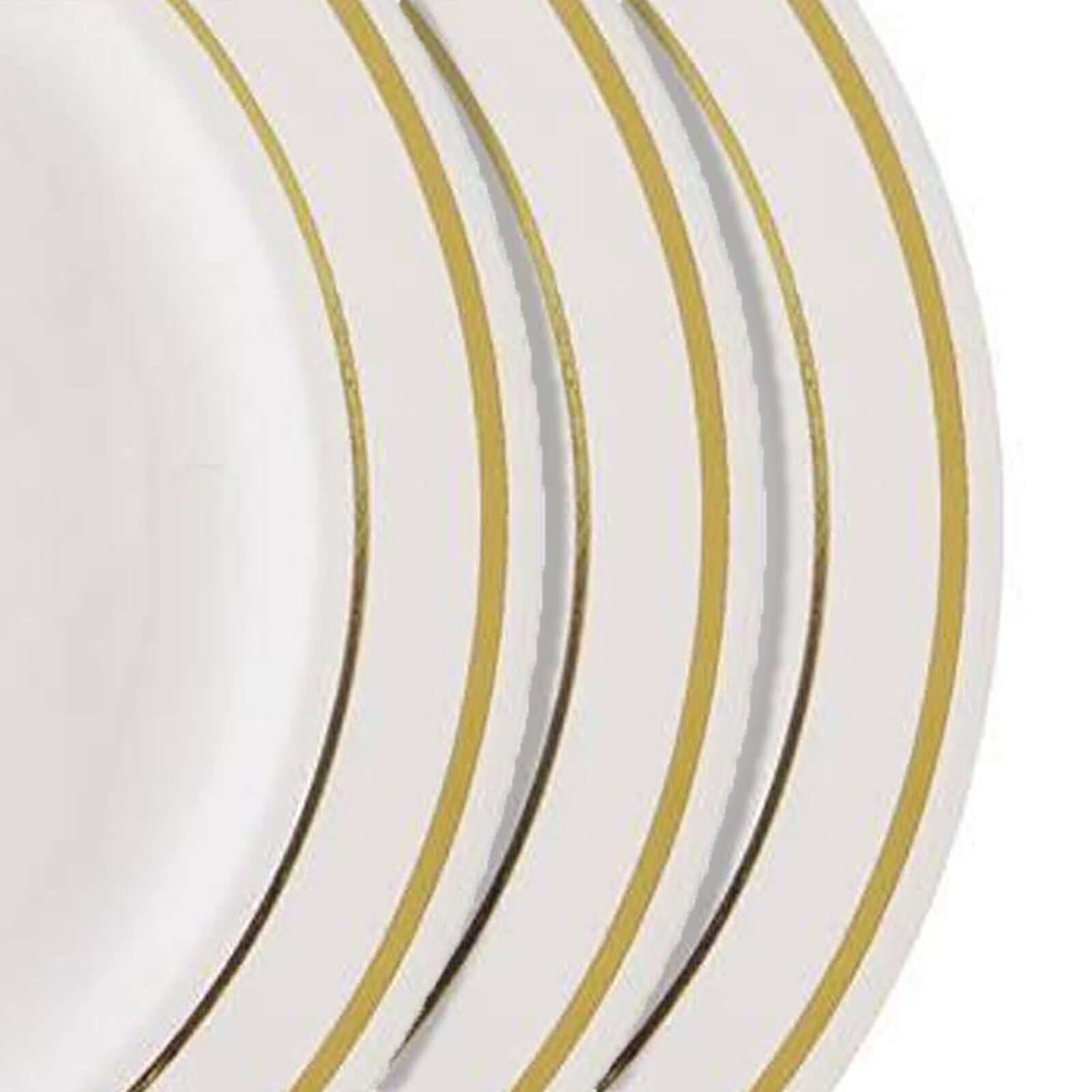 10-Piece Set of Disposable Ivory Plastic Dessert Plates with Stylish Gold Rim, 8 Inches