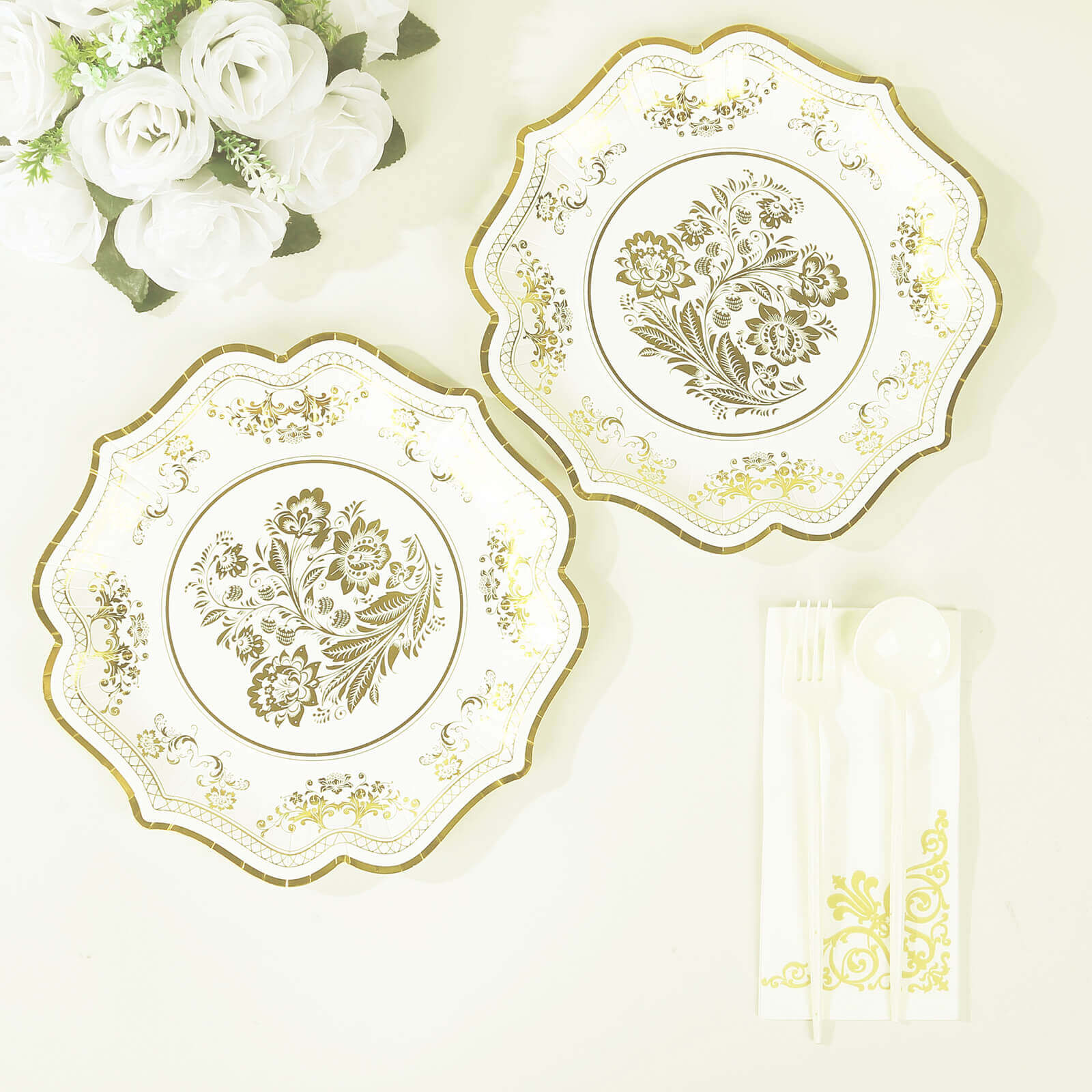 25-Piece Set of Elegant White and Gold Damask Floral Disposable Paper Dinner Plates, 10-Inch Size