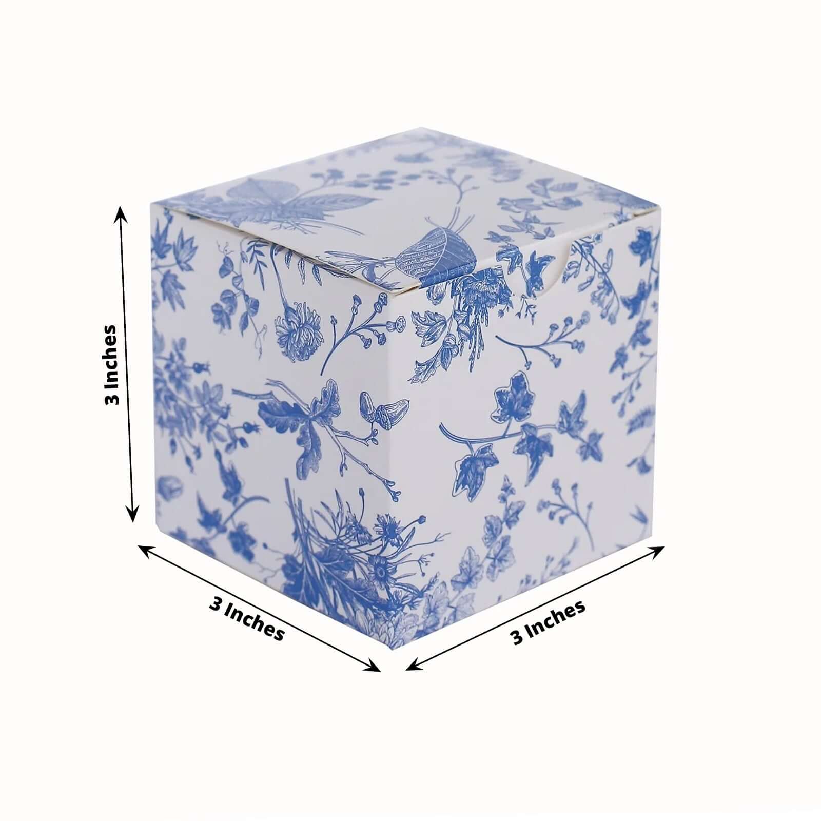 25-Pack White and Blue Cardstock Favor Boxes with French Toile Pattern, 3x3x3 Size